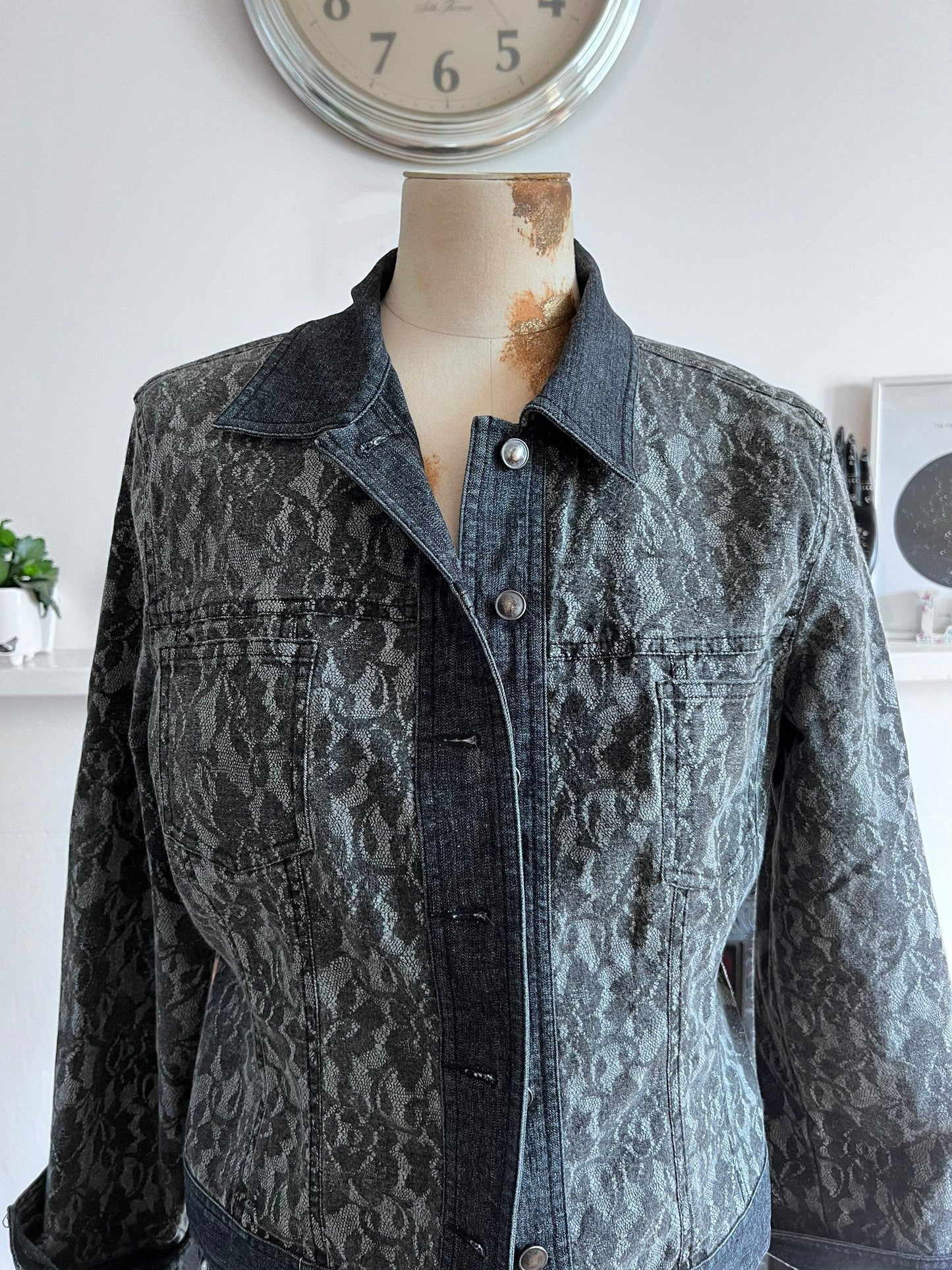 Vintage Black denim jacket - lace affect print, 90s denim jacket UK 1990s Vintage denim