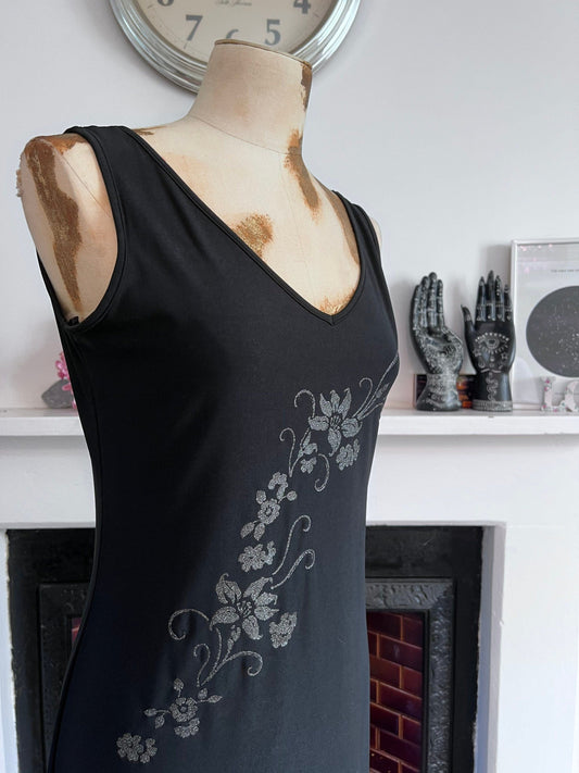Vintage Black Silver Floral midi Dress - Size UK8/12 Stretch Lycra Body Con Black & Silver Dress with side split