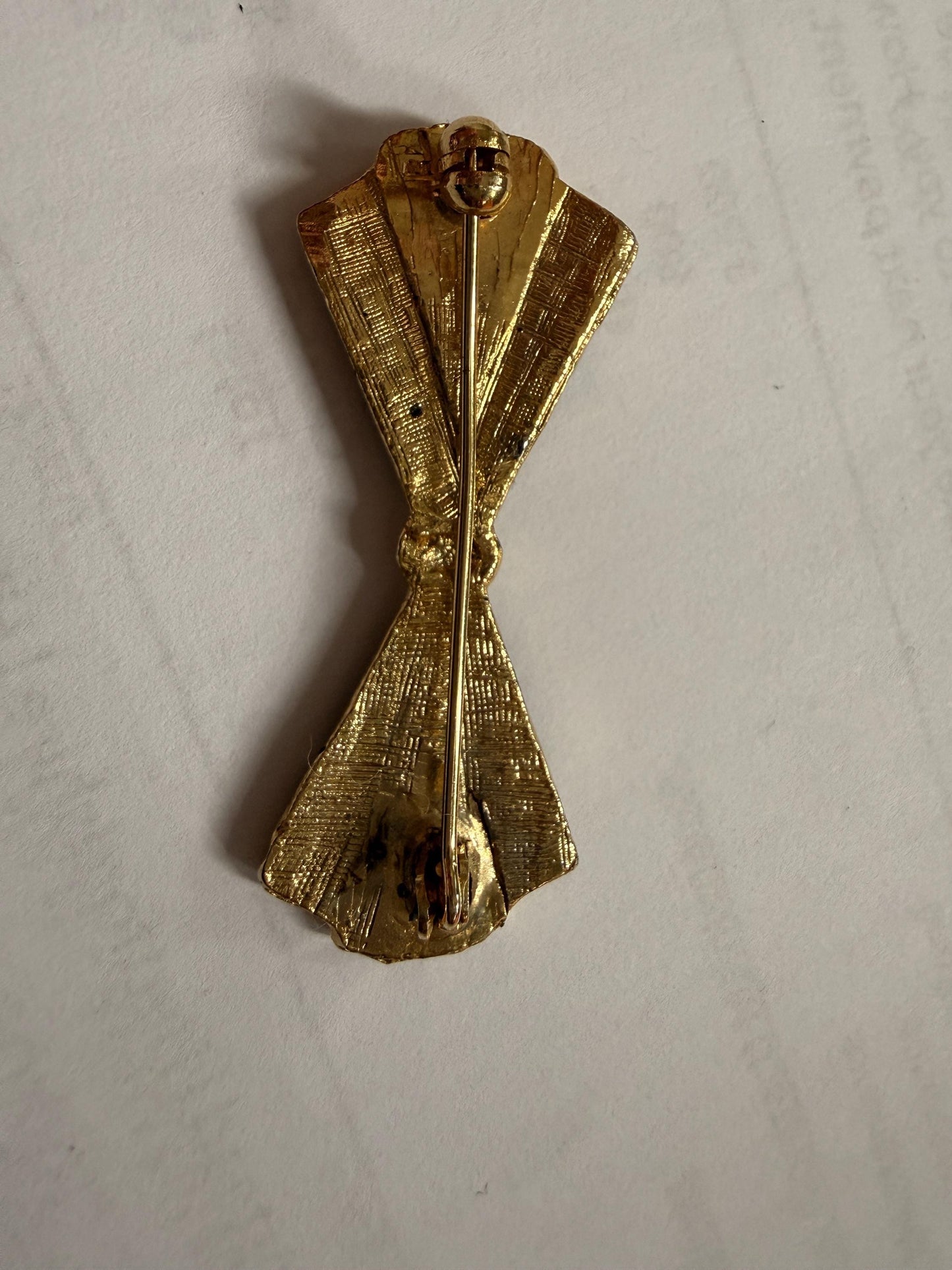 Vintage Black Enamel Bow Brooch – Gold Tone Rhinestone Art Deco Revival Geometric Costume Jewellery