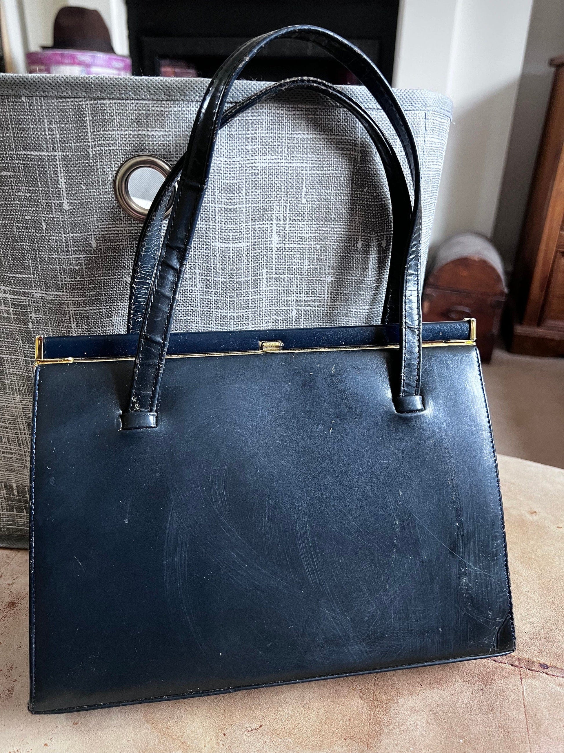 vintage black handbag black ladies bag 1960s vintage bag, gold coloured clasp,  small leather look, vinyl handbag 60s black bag, handbag