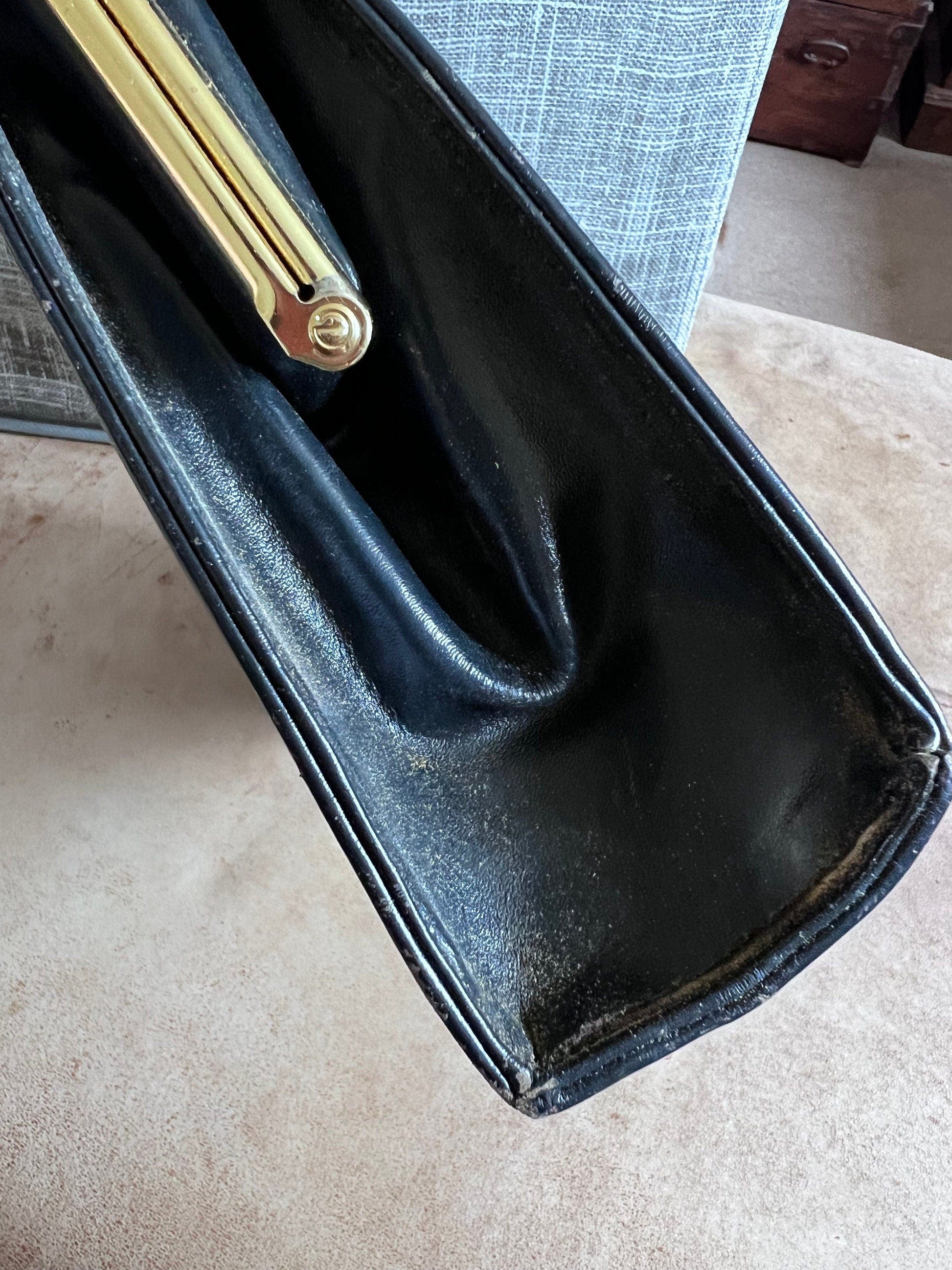 vintage black handbag black ladies bag 1960s vintage bag, gold coloured clasp,  small leather look, vinyl handbag 60s black bag, handbag