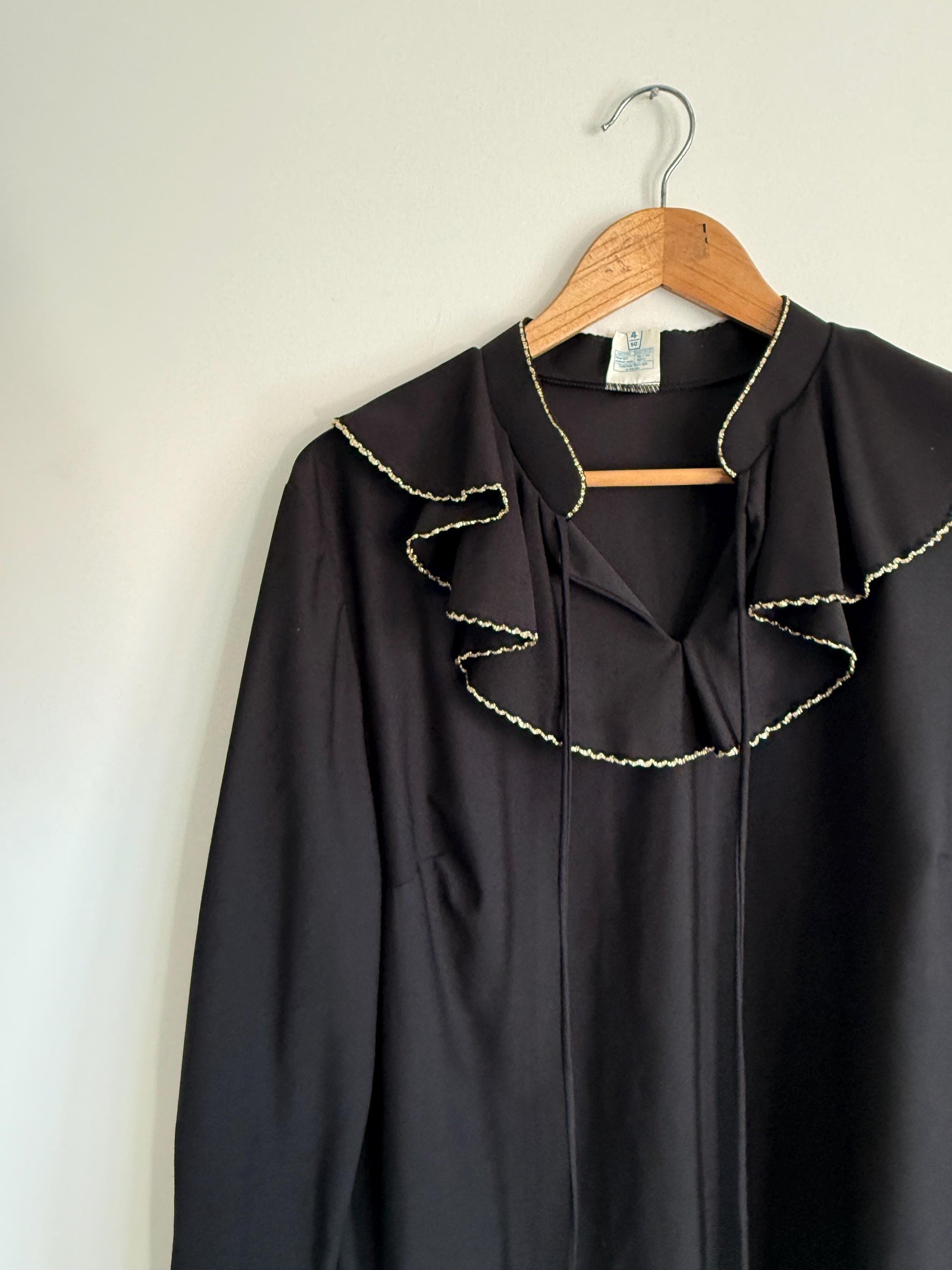 Vintage Black Ruffle Blouse | Gold Trim Pussy Bow Top | 70s Secretary Blouse | Long Sleeve Chiffon Blouse | Romantic Vintage Shirt