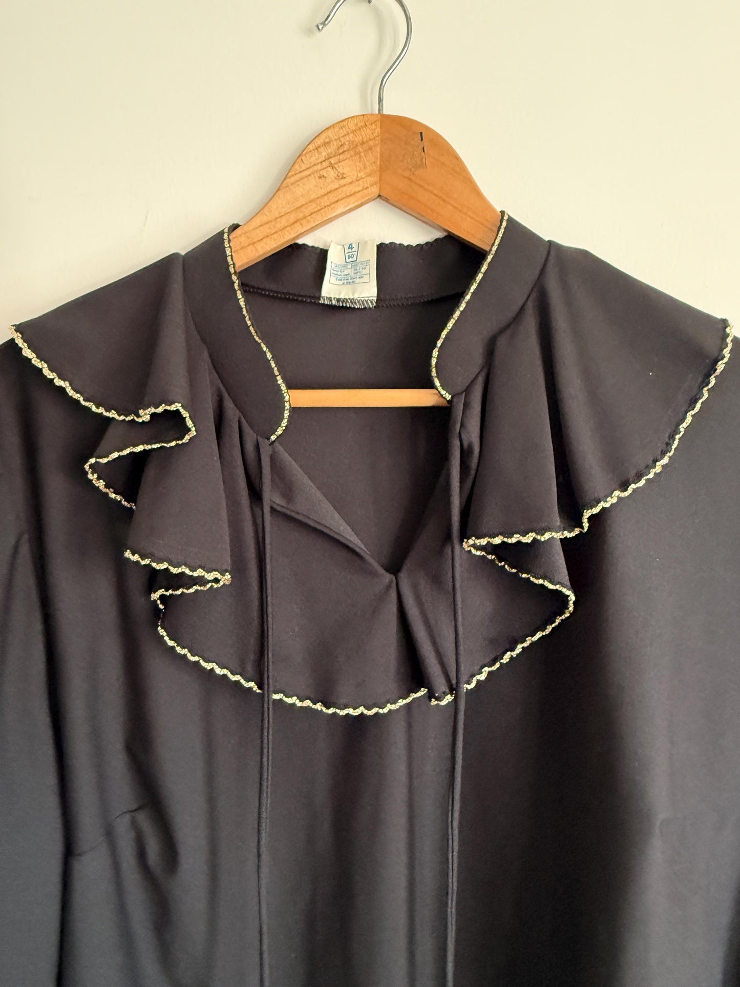Vintage Black Ruffle Blouse | Gold Trim Pussy Bow Top | 70s Secretary Blouse | Long Sleeve Chiffon Blouse | Romantic Vintage Shirt