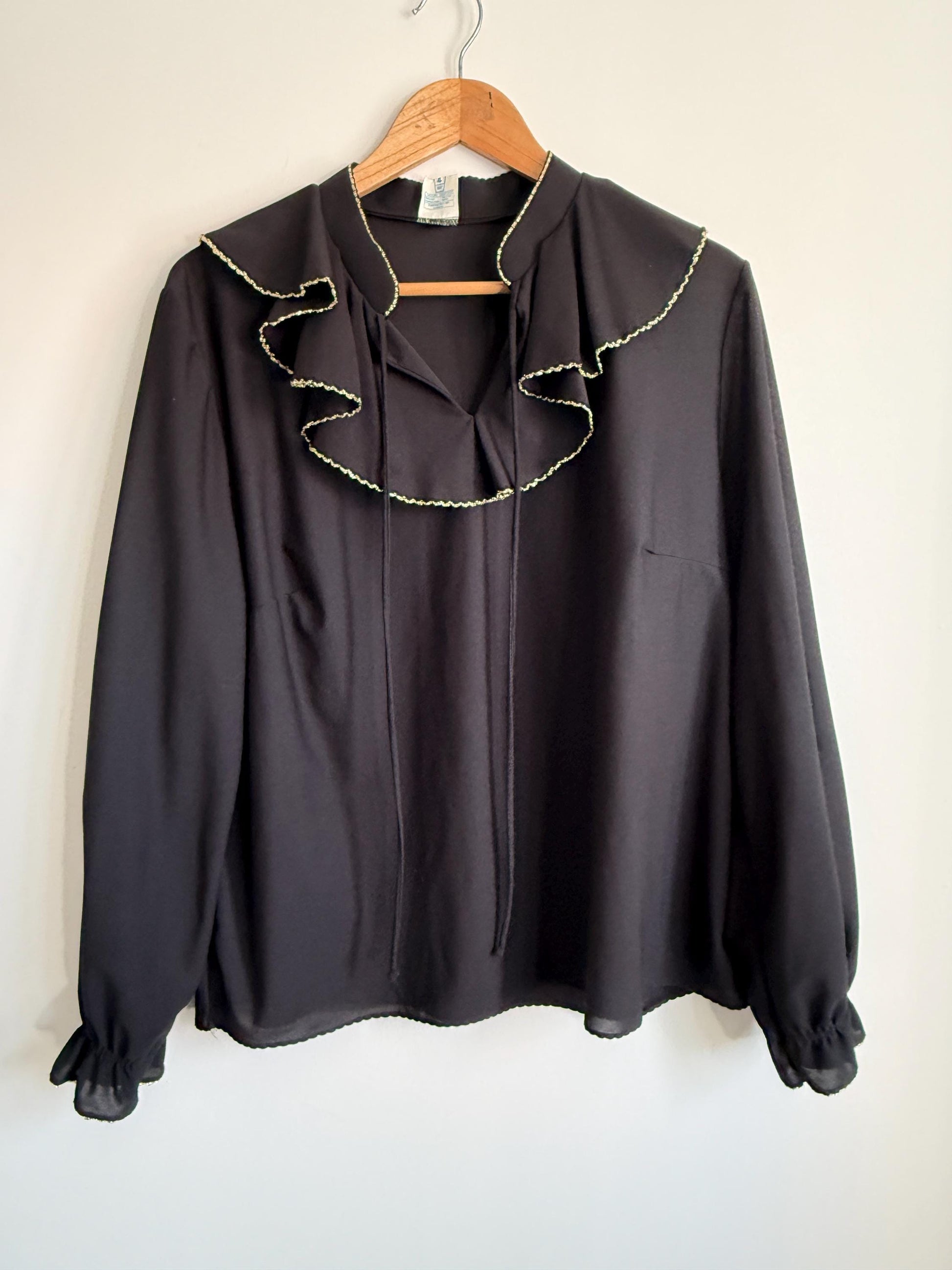 Vintage Black Ruffle Blouse | Gold Trim Pussy Bow Top | 70s Secretary Blouse | Long Sleeve Chiffon Blouse | Romantic Vintage Shirt