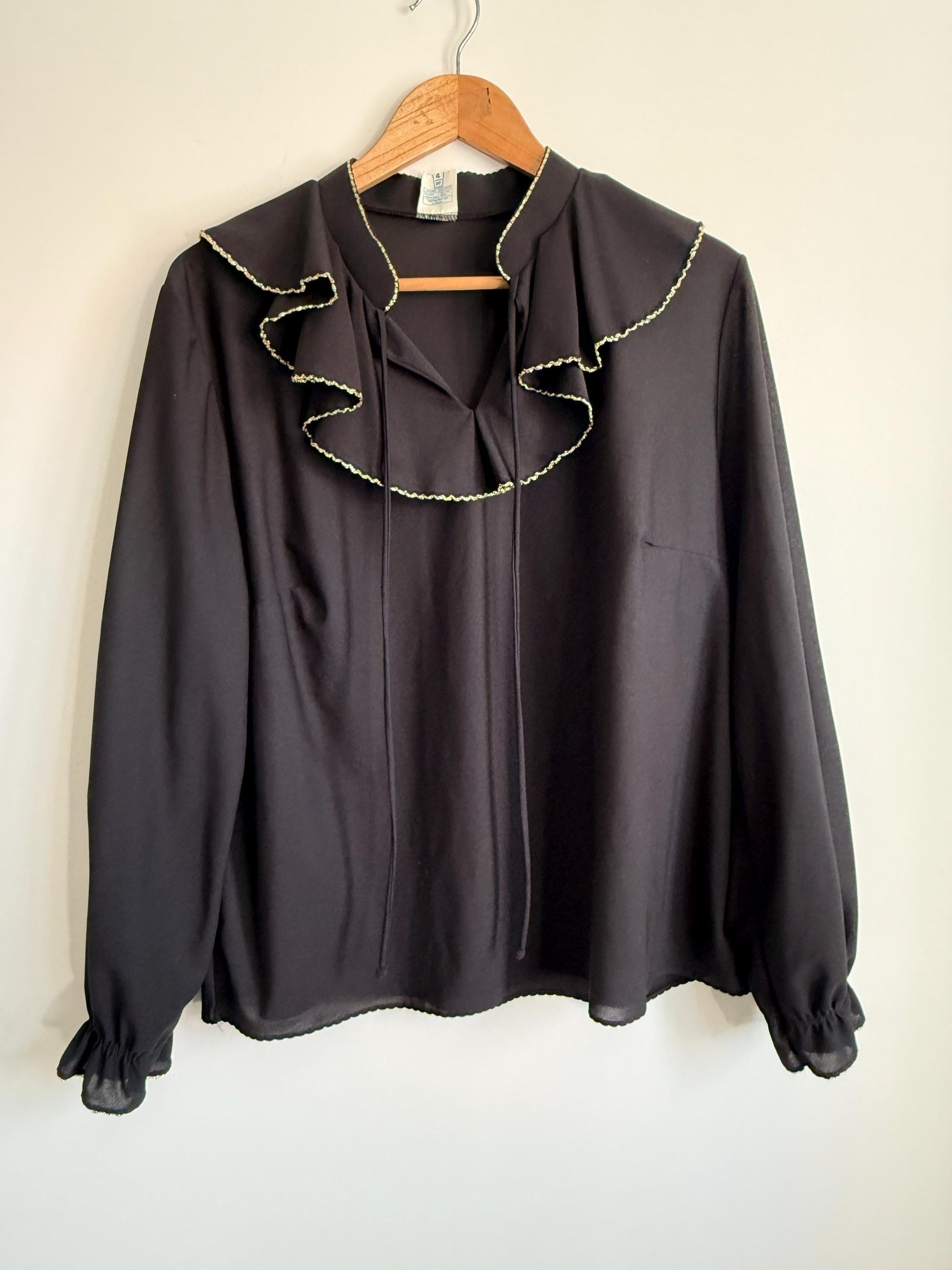Vintage Black Ruffle Blouse | Gold Trim Pussy Bow Top | 70s Secretary Blouse | Long Sleeve Chiffon Blouse | Romantic Vintage Shirt