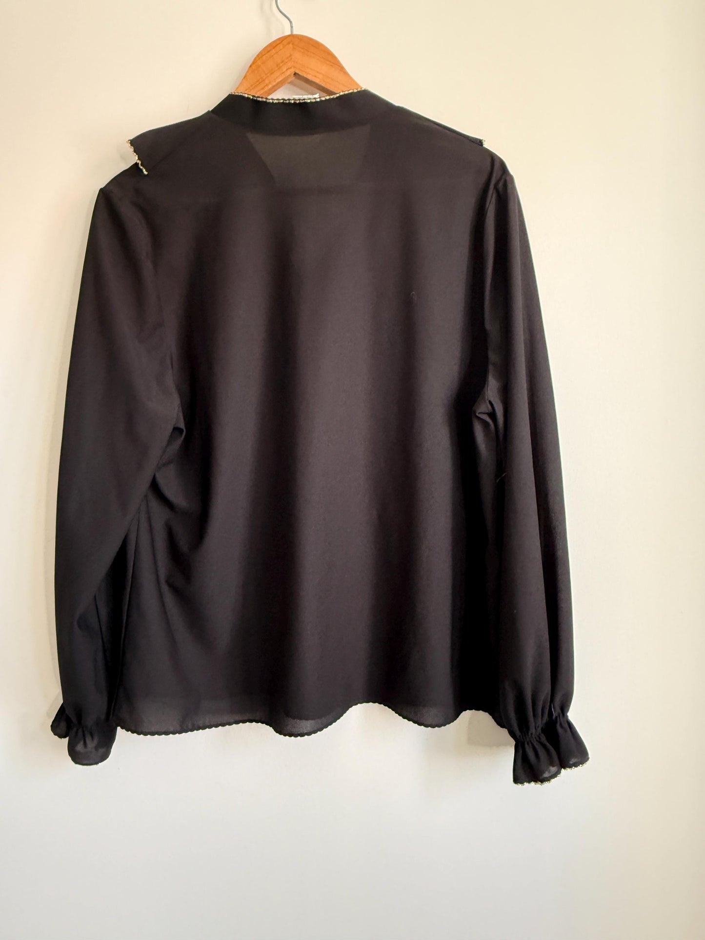 Vintage Black Ruffle Blouse | Gold Trim Pussy Bow Top | 70s Secretary Blouse | Long Sleeve Chiffon Blouse | Romantic Vintage Shirt