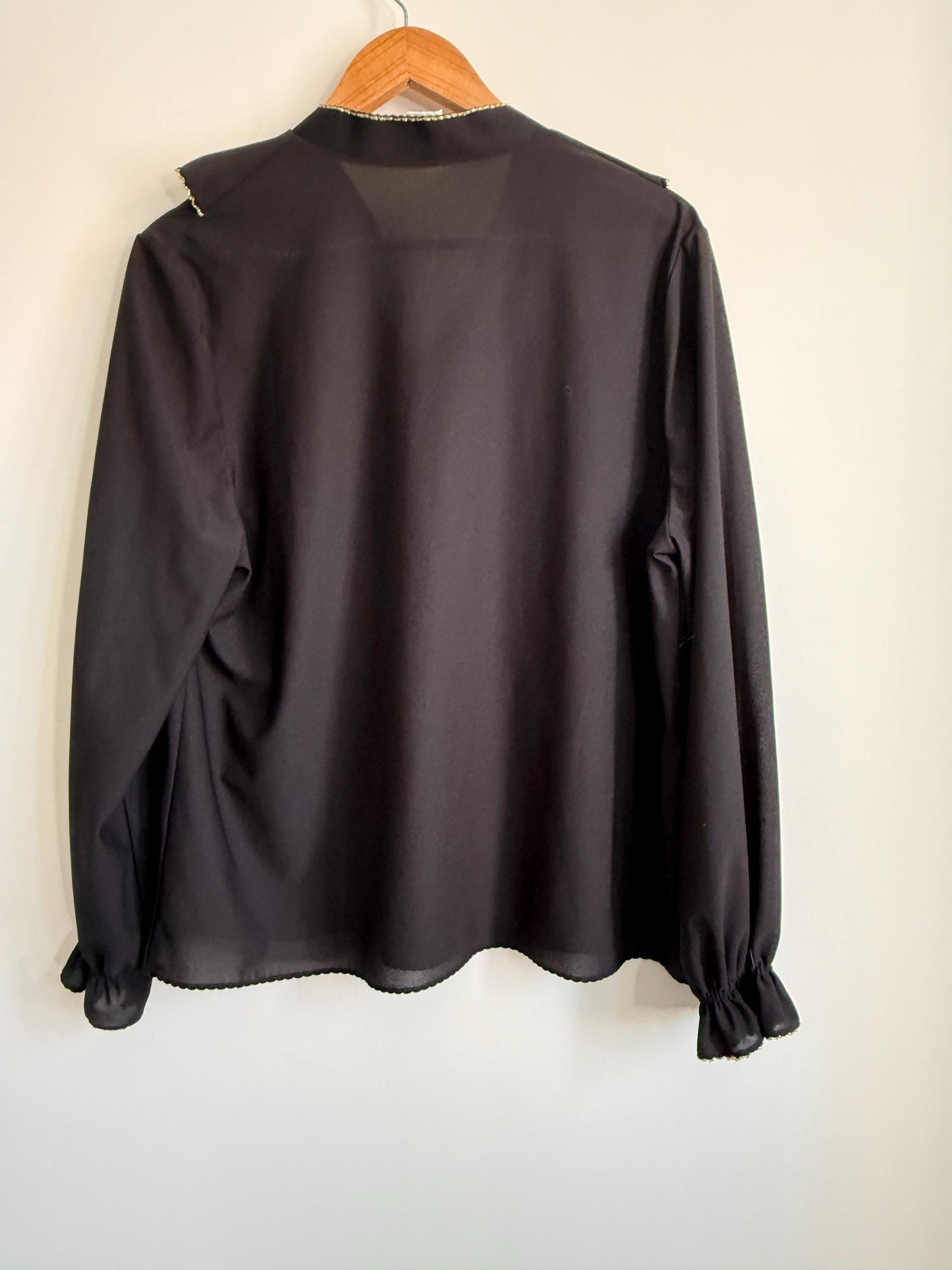 Vintage Black Ruffle Blouse | Gold Trim Pussy Bow Top | 70s Secretary Blouse | Long Sleeve Chiffon Blouse | Romantic Vintage Shirt
