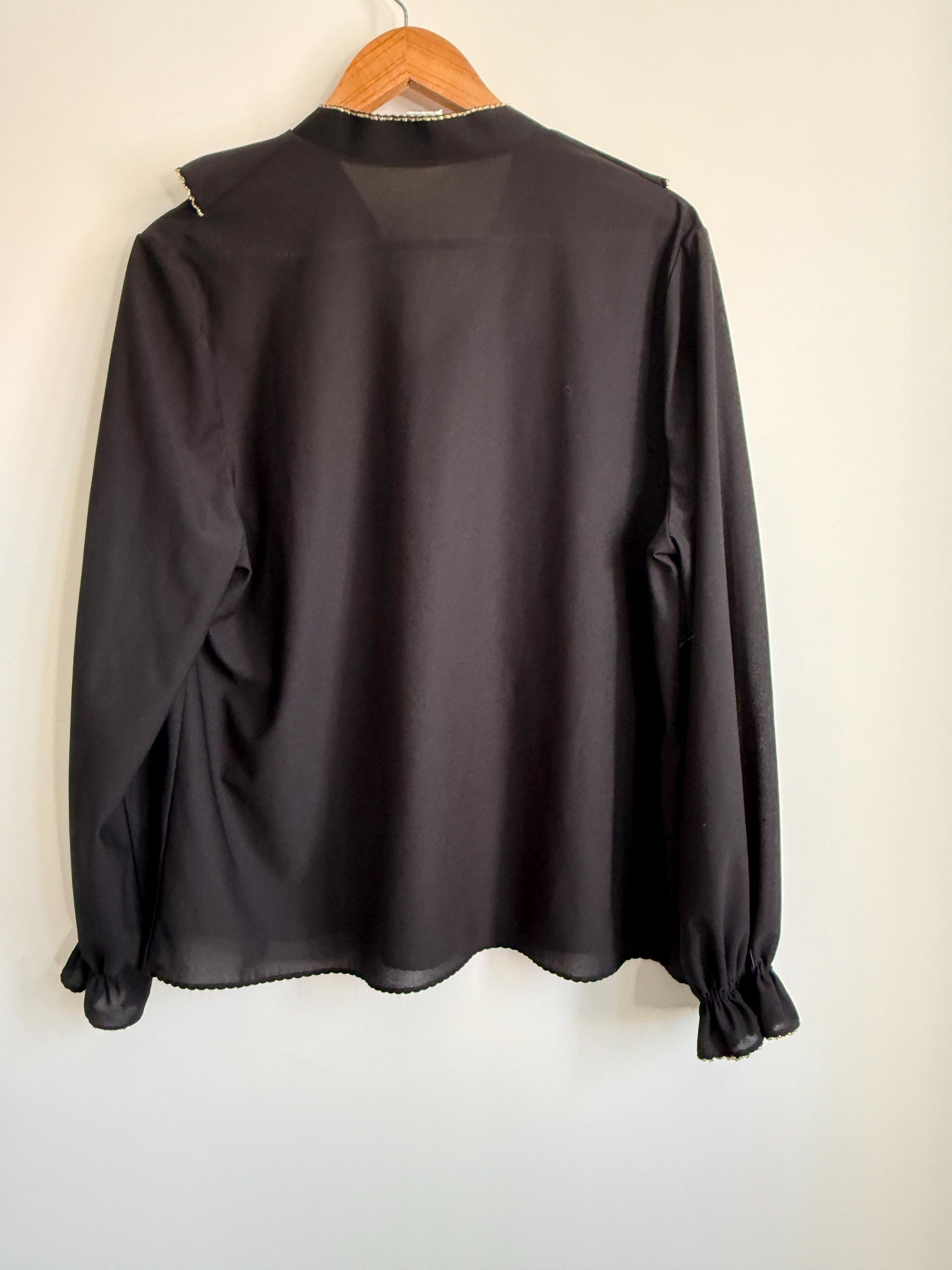 Vintage Black Ruffle Blouse | Gold Trim Pussy Bow Top | 70s Secretary Blouse | Long Sleeve Chiffon Blouse | Romantic Vintage Shirt