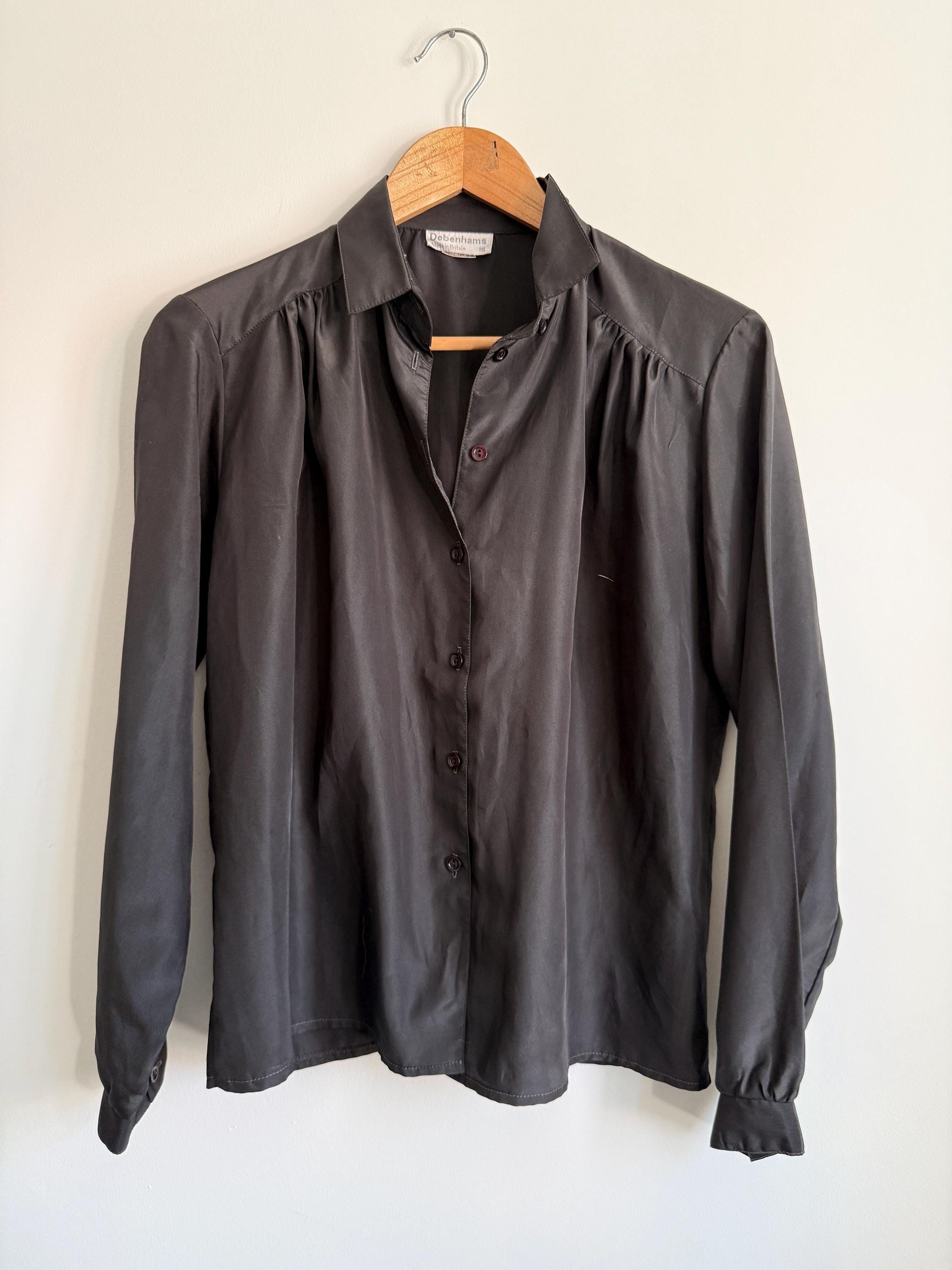 Vintage Black Satin Blouse | Debenhams Collection Shirt | 90s Smart Blouse | Minimalist Evening Shirt | UK 16