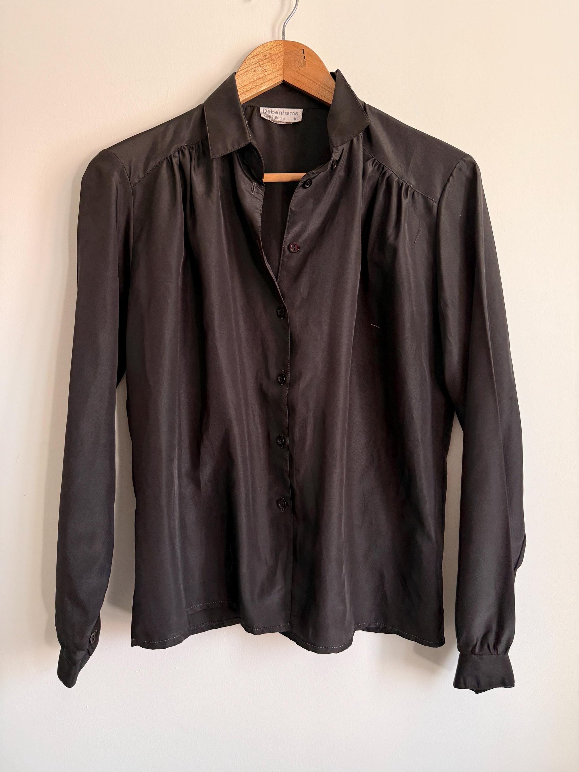 Vintage Black Satin Blouse | Debenhams Collection Shirt | 90s Smart Blouse | Minimalist Evening Shirt | UK 16