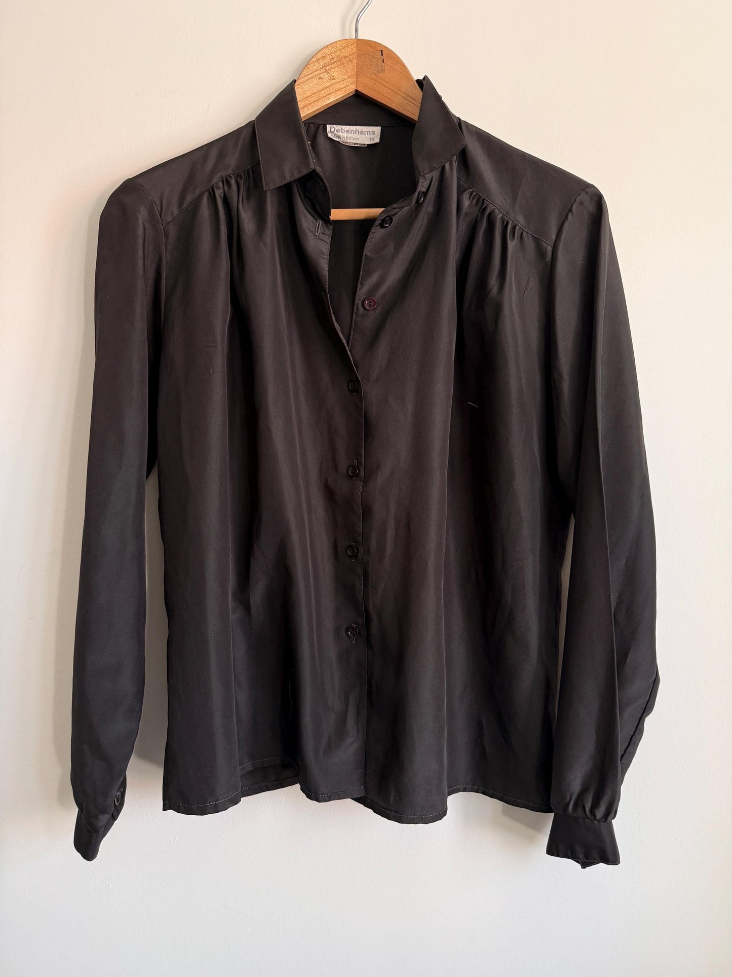Vintage Black Satin Blouse | Debenhams Collection Shirt | 90s Smart Blouse | Minimalist Evening Shirt | UK 16