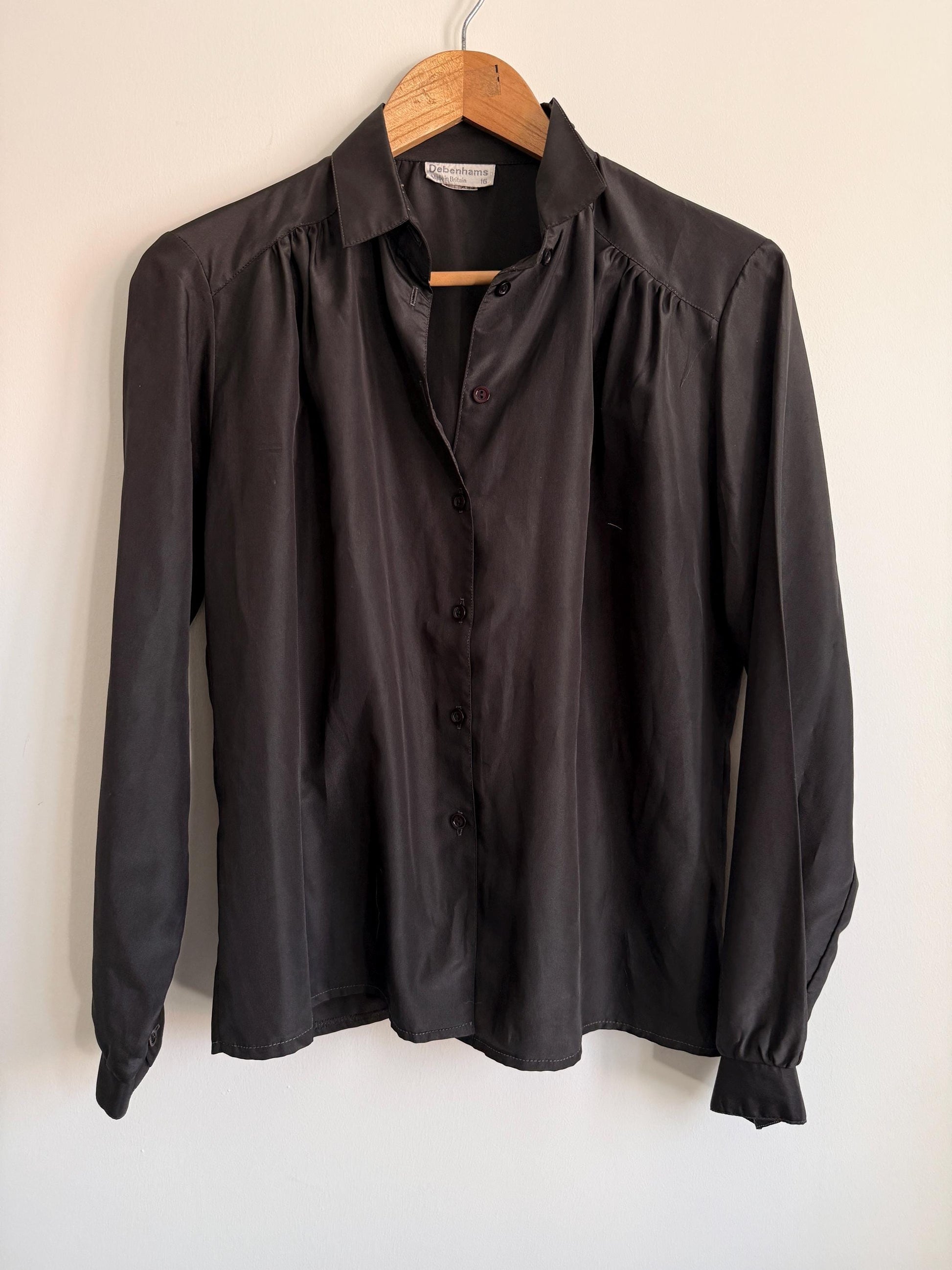 Vintage Black Satin Blouse | Debenhams Collection Shirt | 90s Smart Blouse | Minimalist Evening Shirt | UK 16