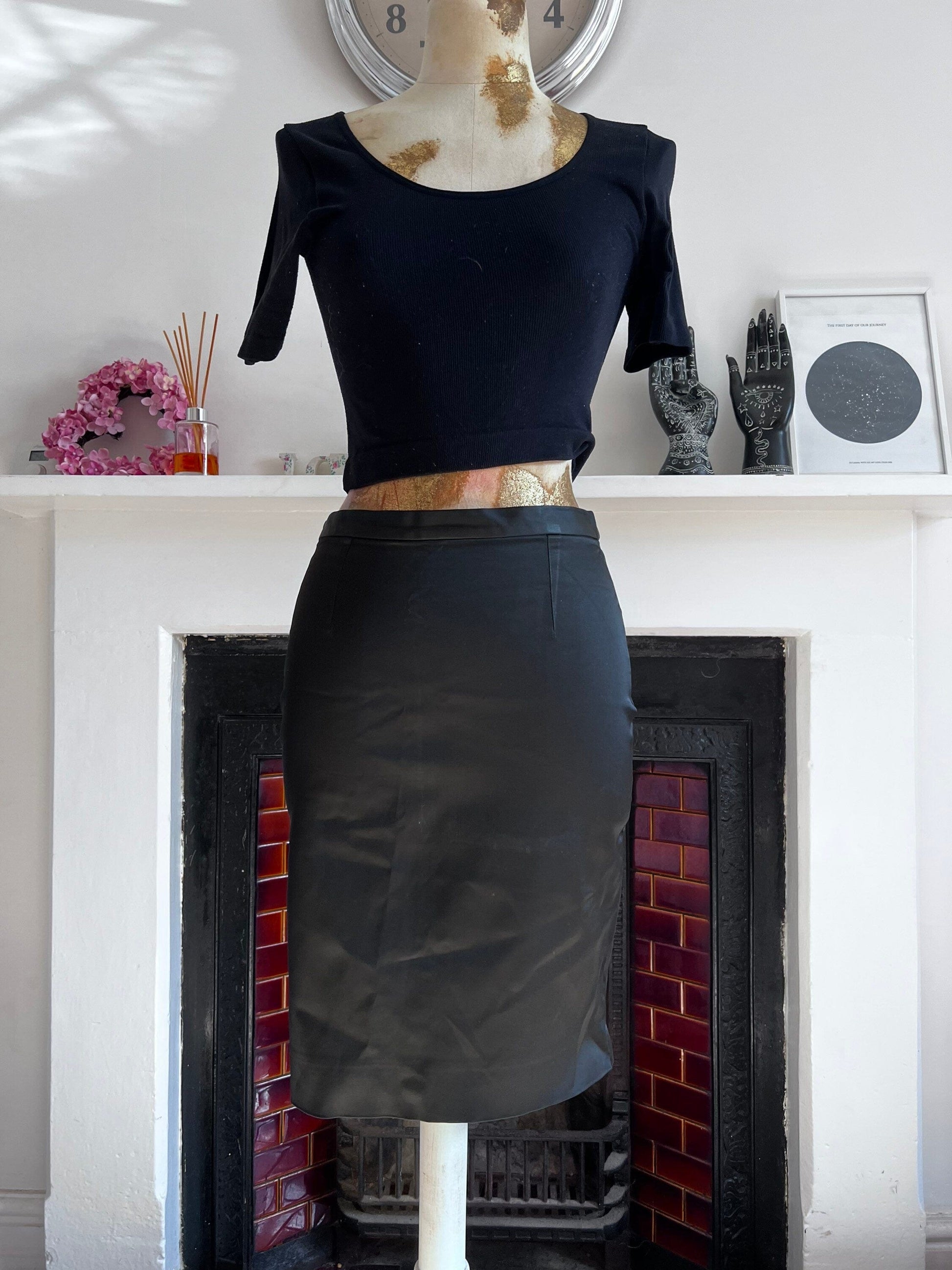 Vintage Black satin Whistles pencil Skirt UK size 12 -  Black Stretch Satin Evening Skirt