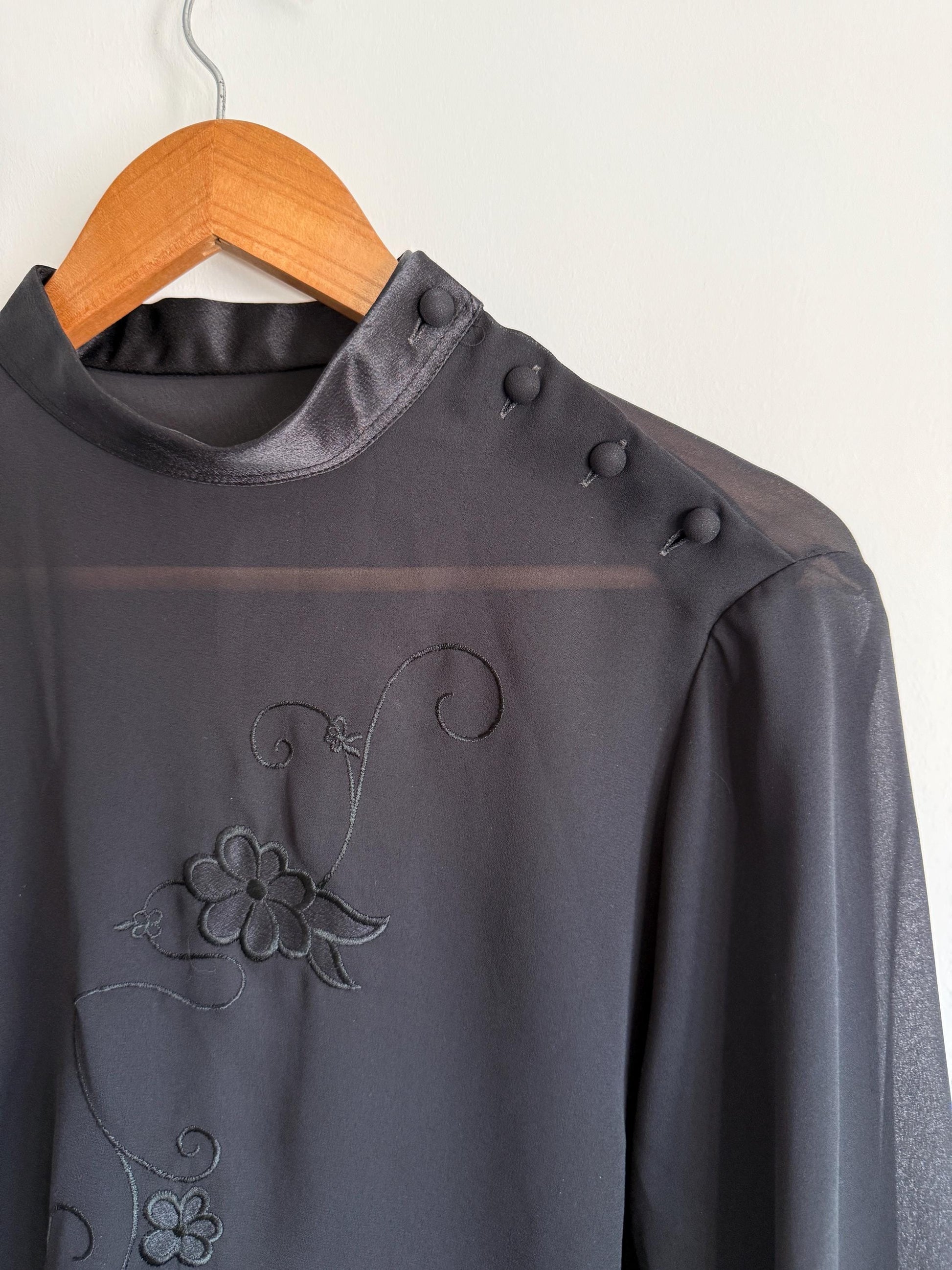 Vintage Black Sheer Chiffon Blouse | Embroidered Floral High Neck Top