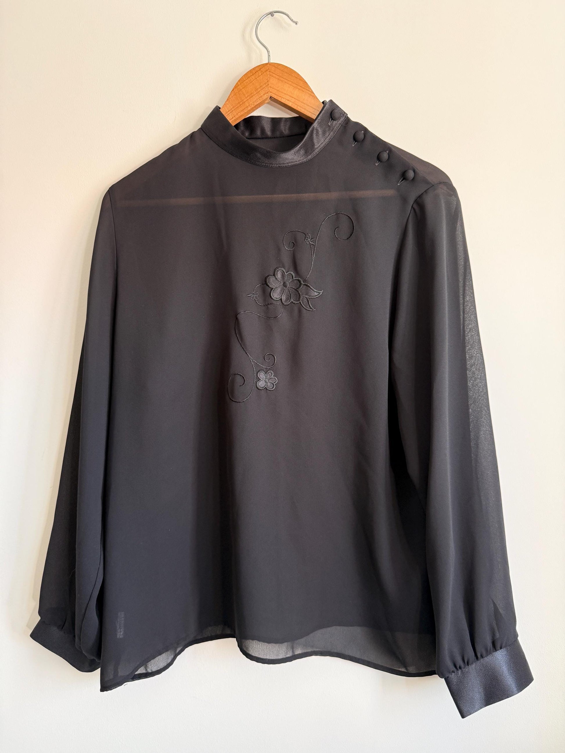 Vintage Black Sheer Chiffon Blouse | Embroidered Floral High Neck Top
