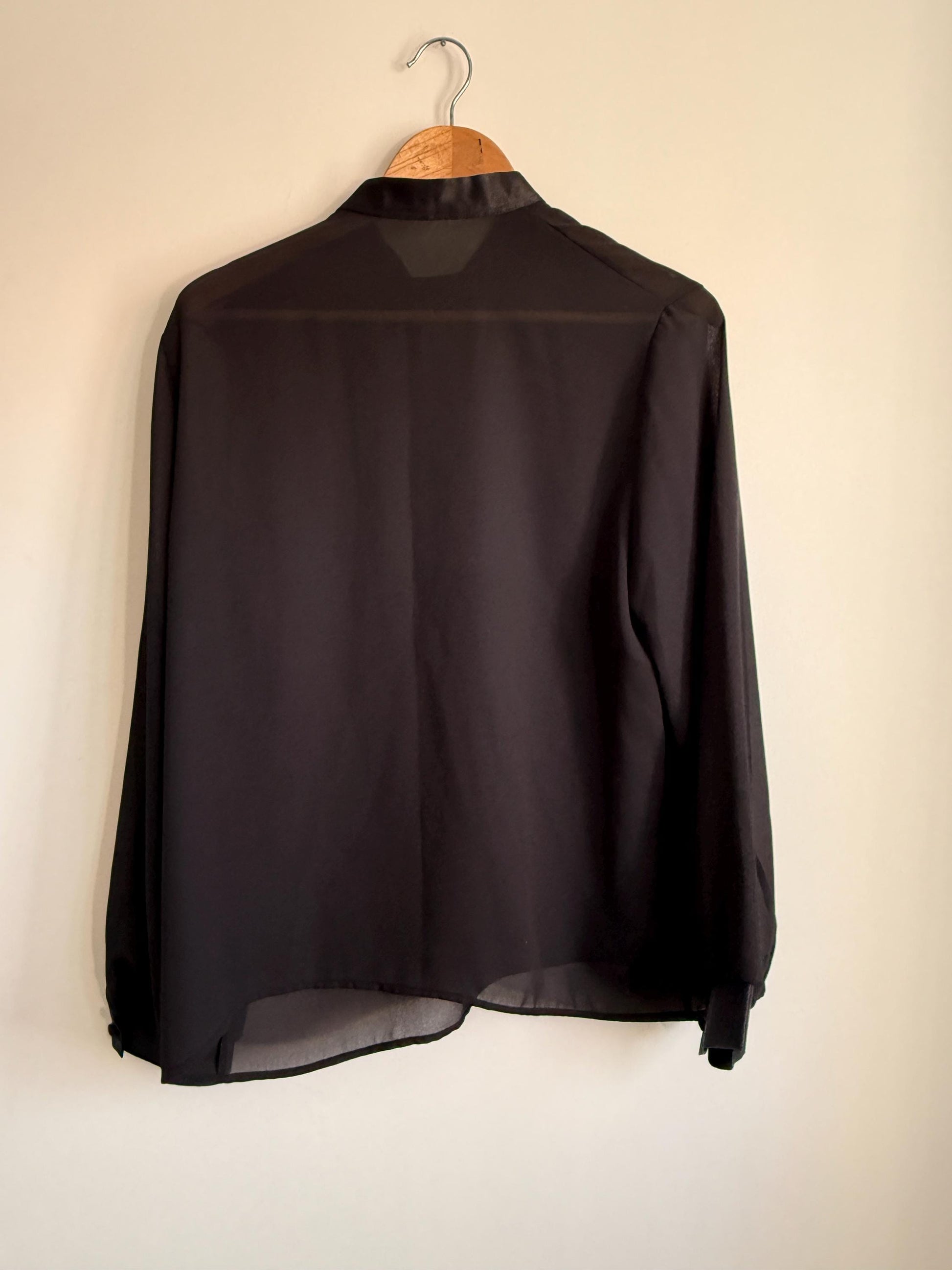 Vintage Black Sheer Chiffon Blouse | Embroidered Floral High Neck Top