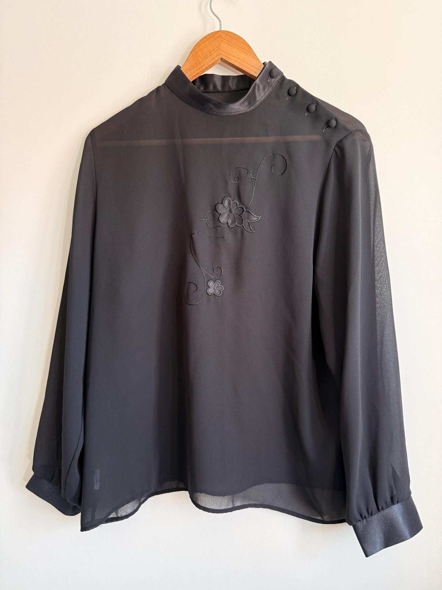 Vintage Black Sheer Chiffon Blouse | Embroidered Floral High Neck Top