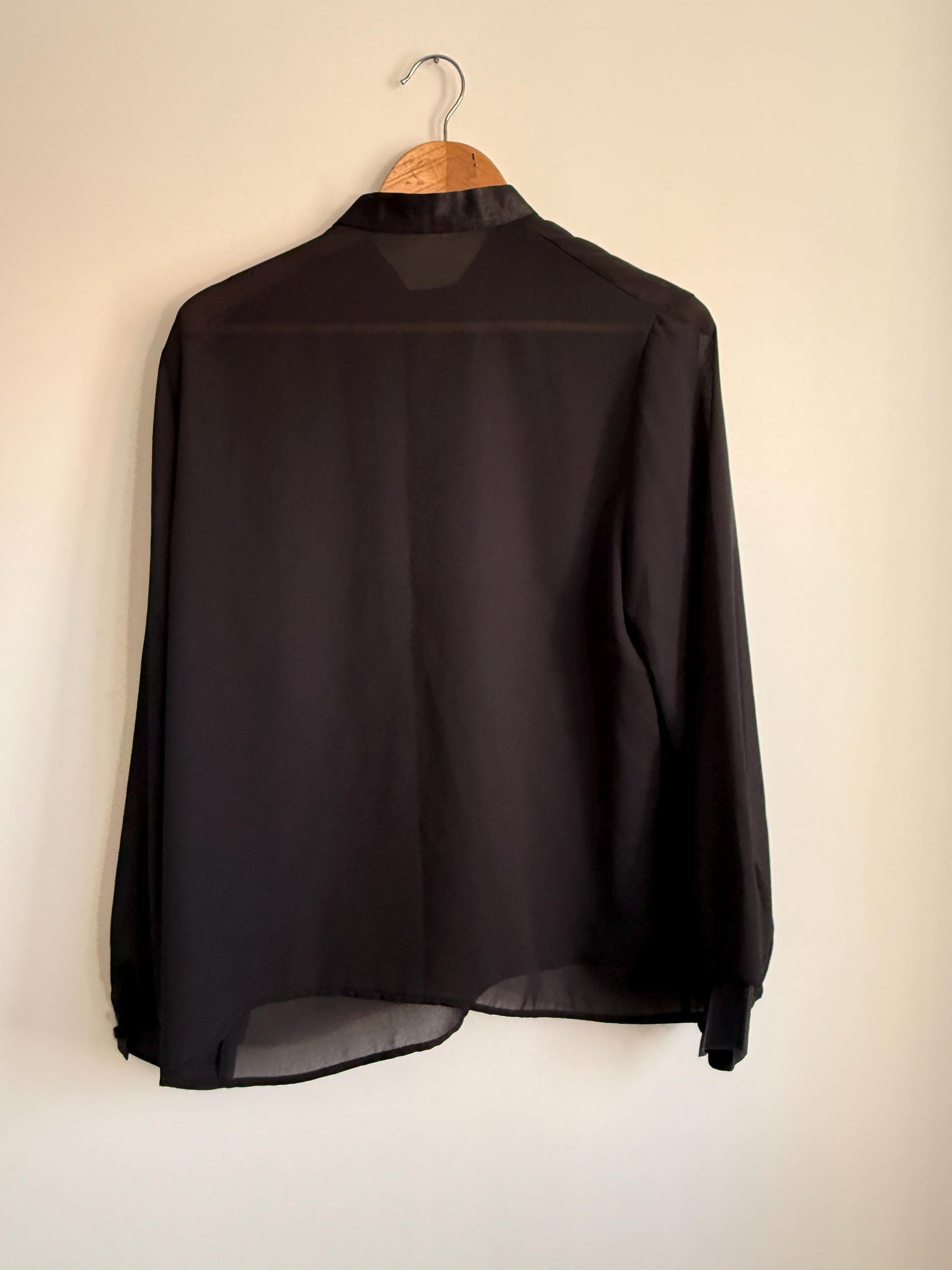 Vintage Black Sheer Chiffon Blouse | Embroidered Floral High Neck Top