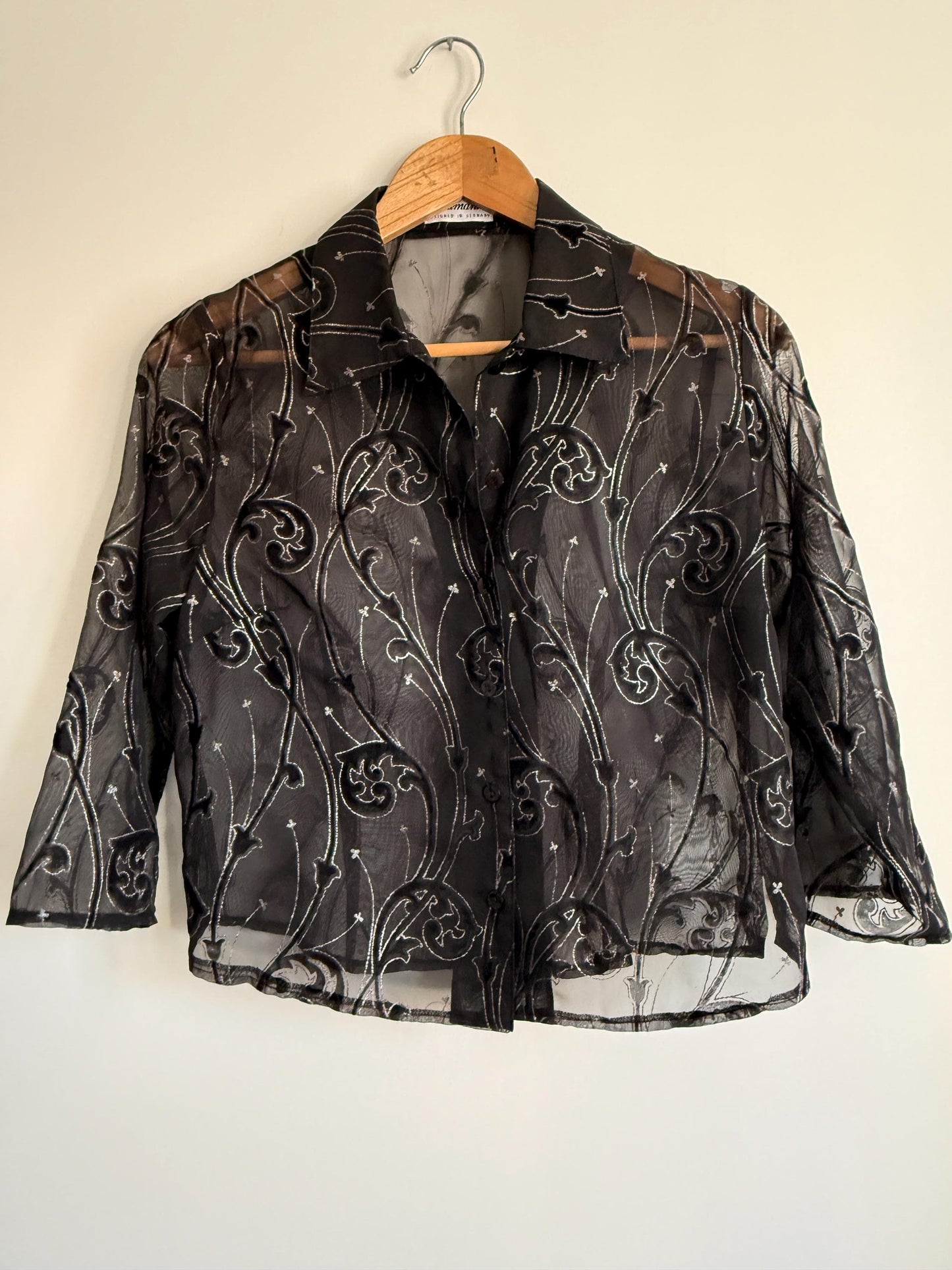 Vintage Black Sheer Embroidered Blouse | Velvet Flocked Mesh Shirt | 90s Evening Organza Top | Gothic Party Blouse | UK 12-14