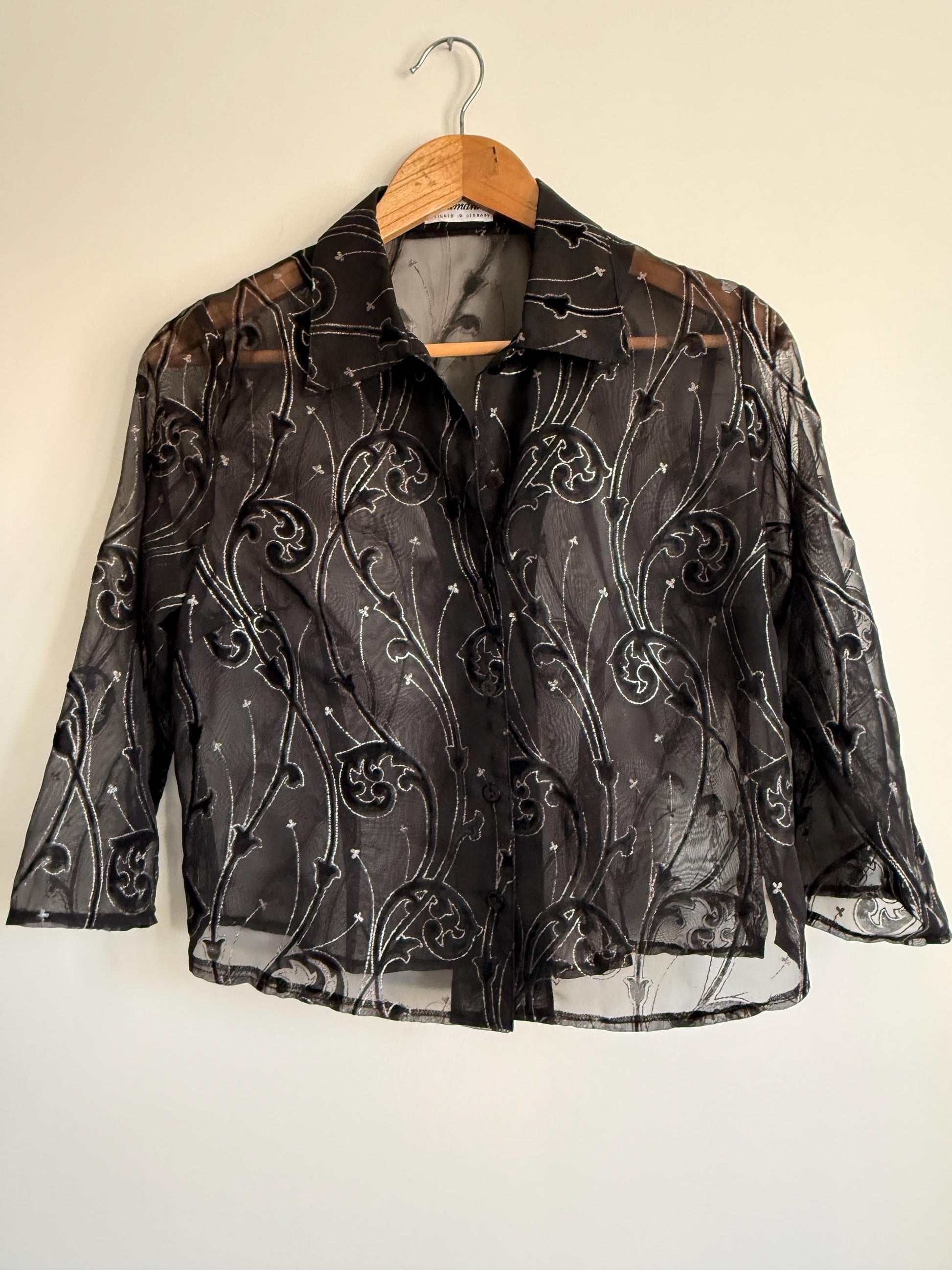 Vintage Black Sheer Embroidered Blouse | Velvet Flocked Mesh Shirt | 90s Evening Organza Top | Gothic Party Blouse | UK 12-14