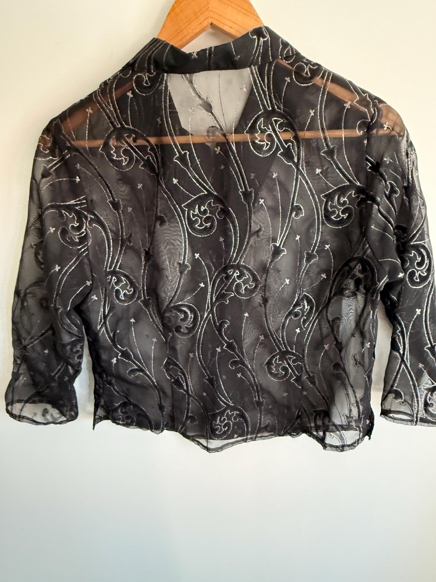 Vintage Black Sheer Embroidered Blouse | Velvet Flocked Mesh Shirt | 90s Evening Organza Top | Gothic Party Blouse | UK 12-14