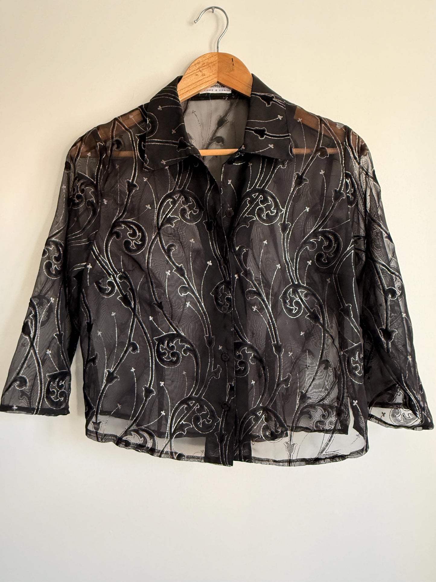 Vintage Black Sheer Embroidered Blouse | Velvet Flocked Mesh Shirt | 90s Evening Organza Top | Gothic Party Blouse | UK 12-14