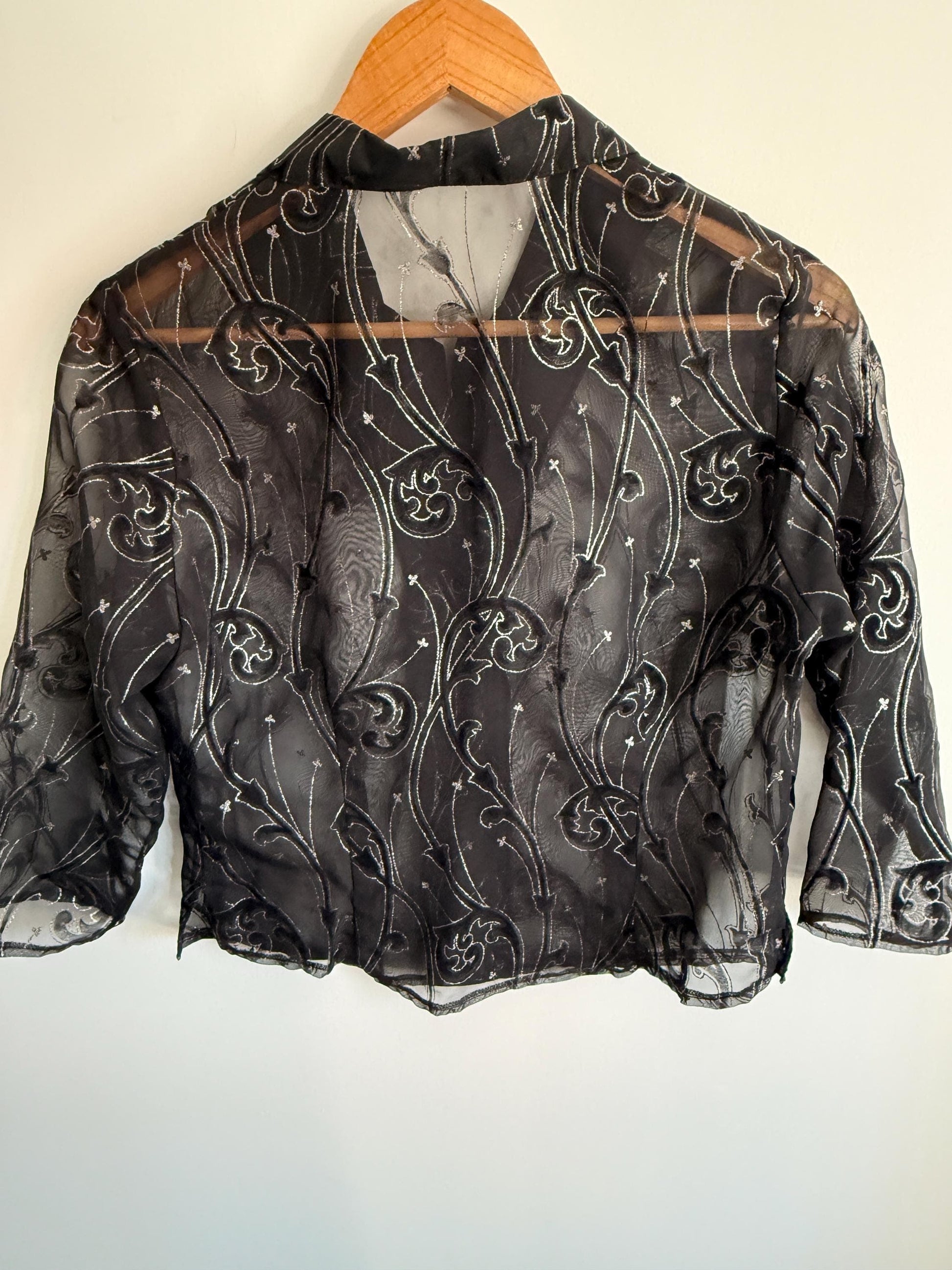 Vintage Black Sheer Embroidered Blouse | Velvet Flocked Mesh Shirt | 90s Evening Organza Top | Gothic Party Blouse | UK 12-14