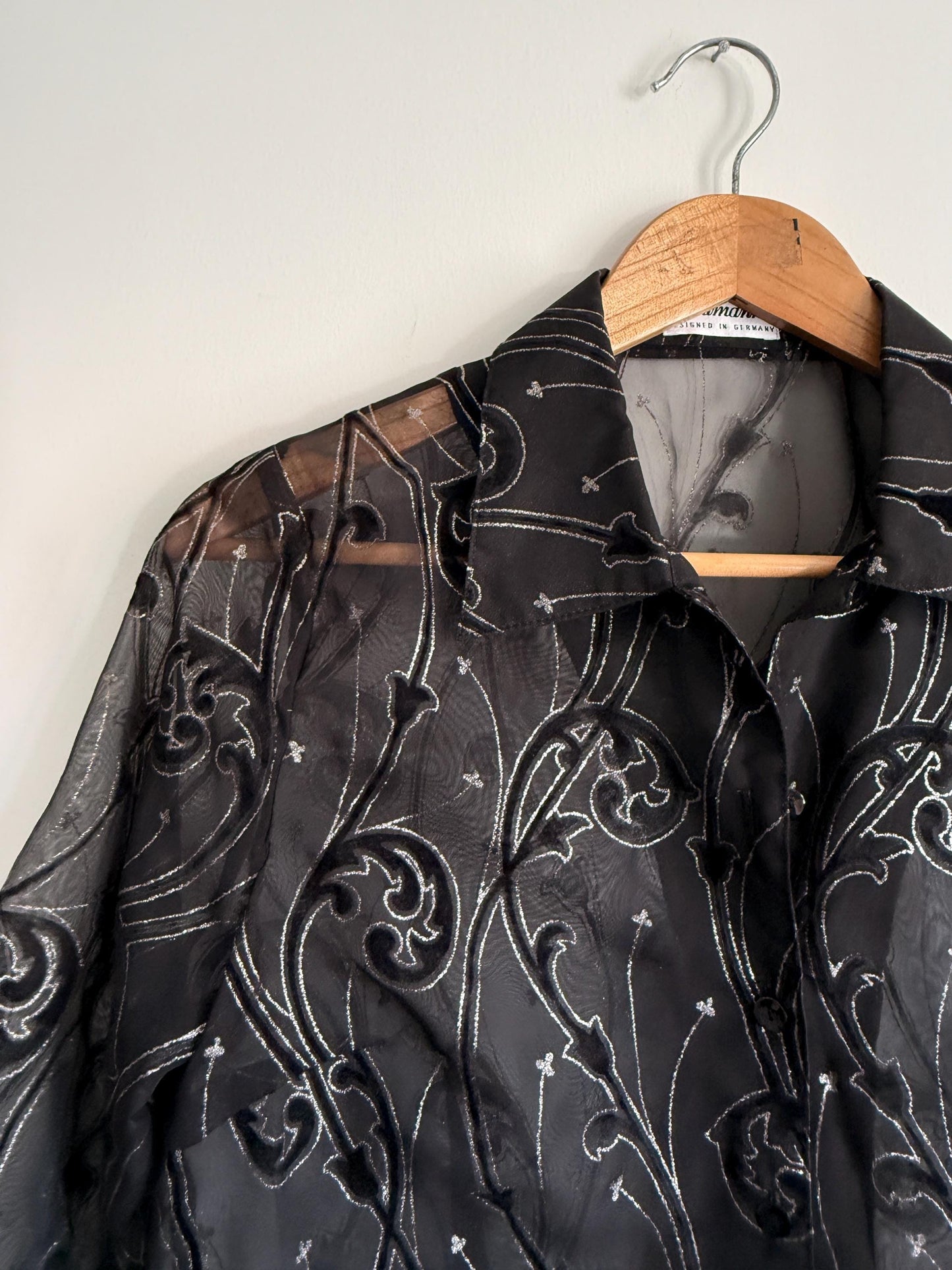 Vintage Black Sheer Embroidered Blouse | Velvet Flocked Mesh Shirt | 90s Evening Organza Top | Gothic Party Blouse | UK 12-14