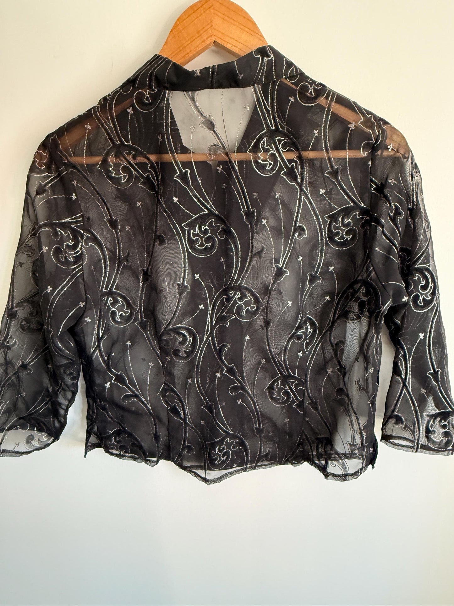 Vintage Black Sheer Embroidered Blouse | Velvet Flocked Mesh Shirt | 90s Evening Organza Top | Gothic Party Blouse | UK 12-14