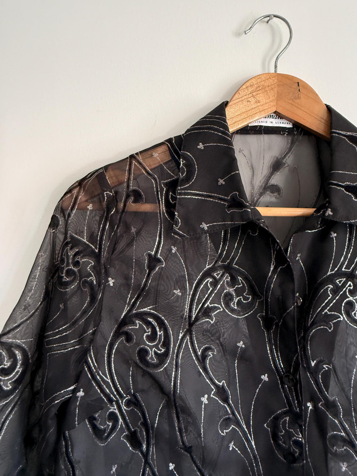 Vintage Black Sheer Embroidered Blouse | Velvet Flocked Mesh Shirt | 90s Evening Organza Top | Gothic Party Blouse | UK 12-14