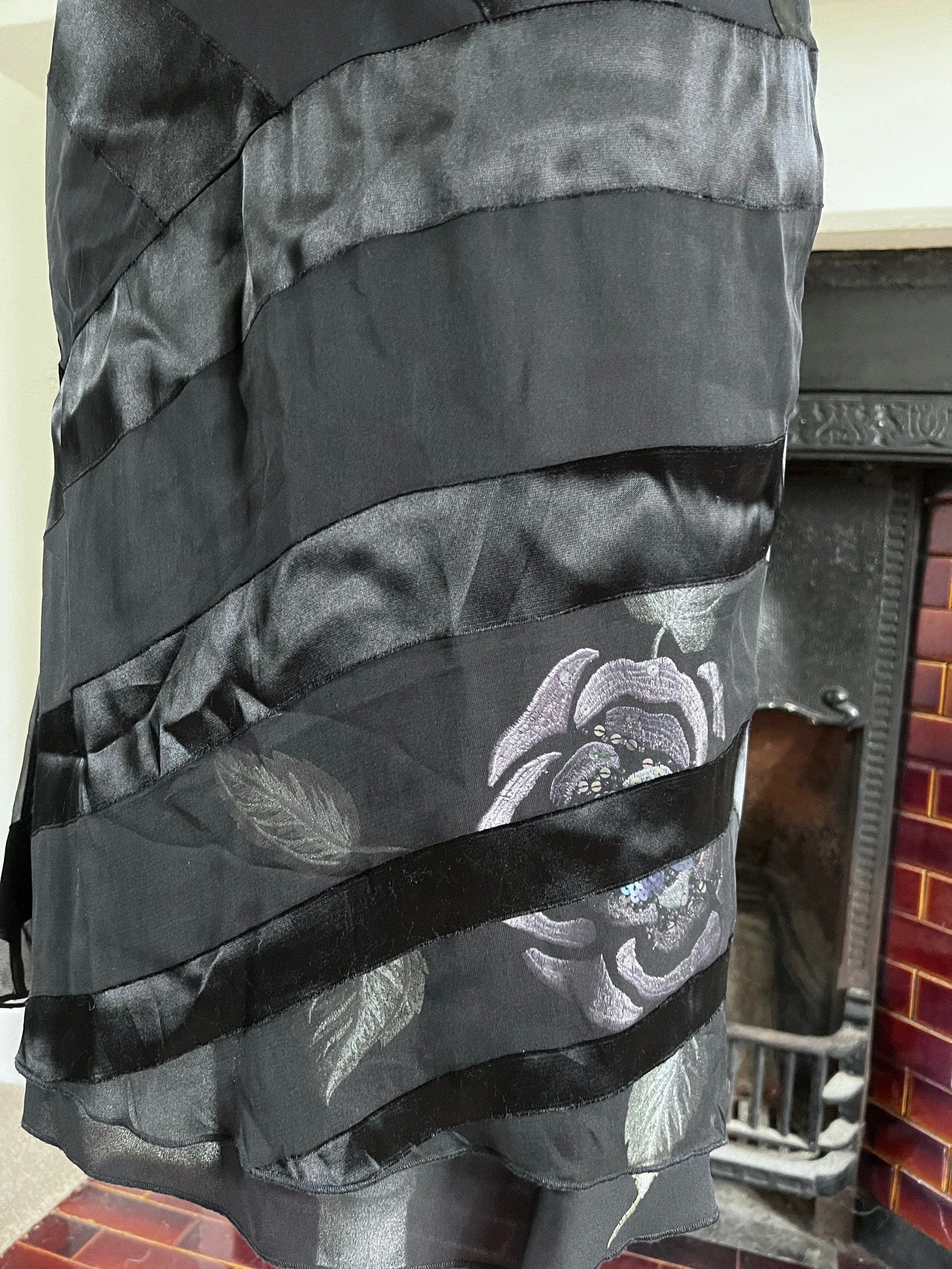 Vintage Black Silk Viscose Evening Skirt - Press & Bastyan Chiffon over layer skirt UK10 Black  with floral appliqué under layer