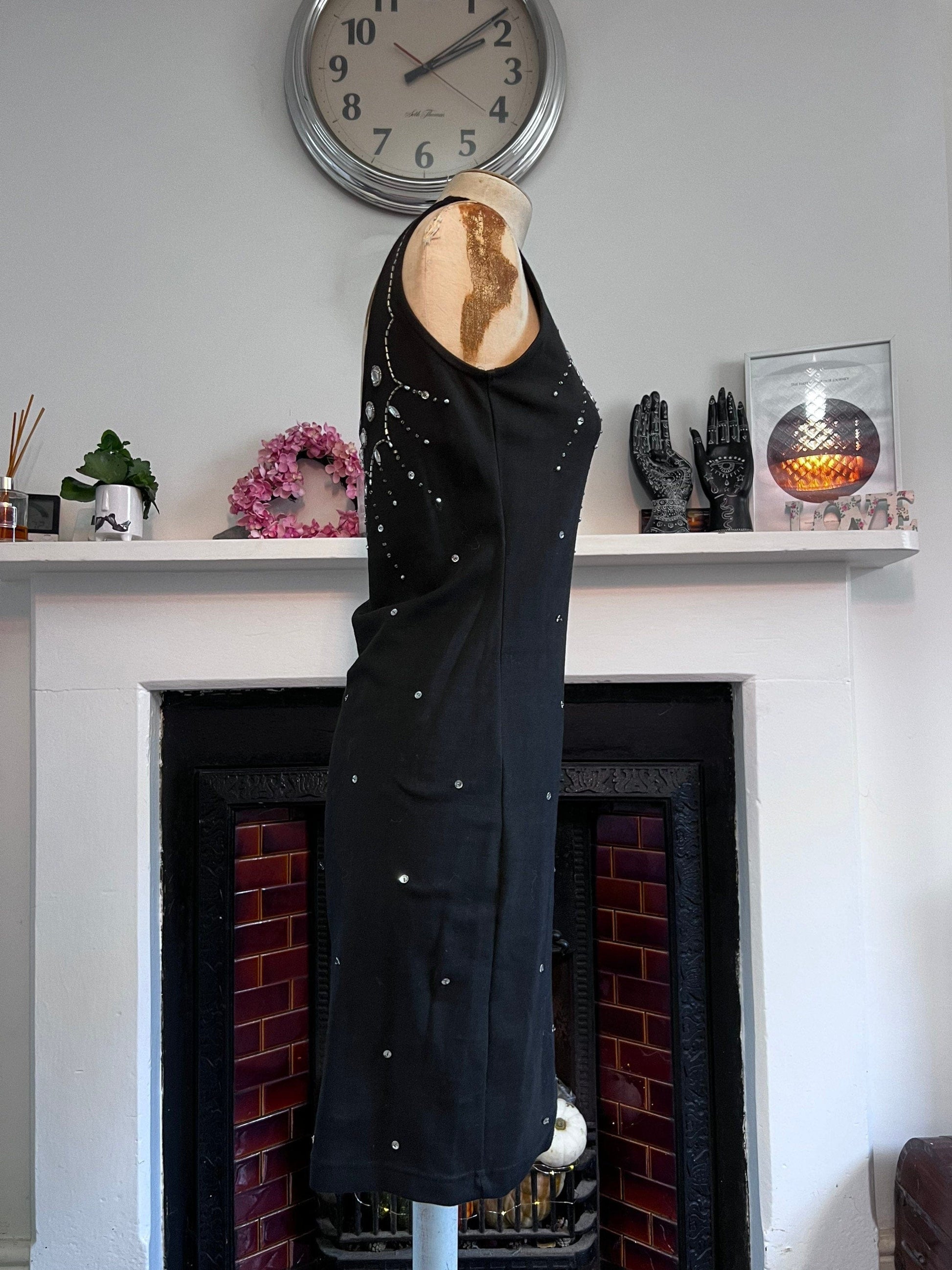 Vintage Black Silver Beaded Mini Dress - Size UK8/12 Stretch Lycra Body Con Black & beads Dress