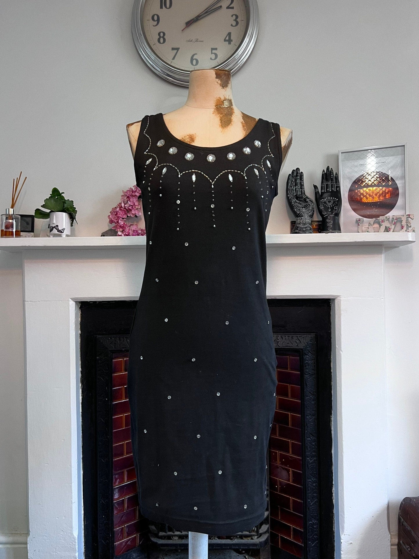 Vintage Black Silver Beaded Mini Dress - Size UK8/12 Stretch Lycra Body Con Black & beads Dress