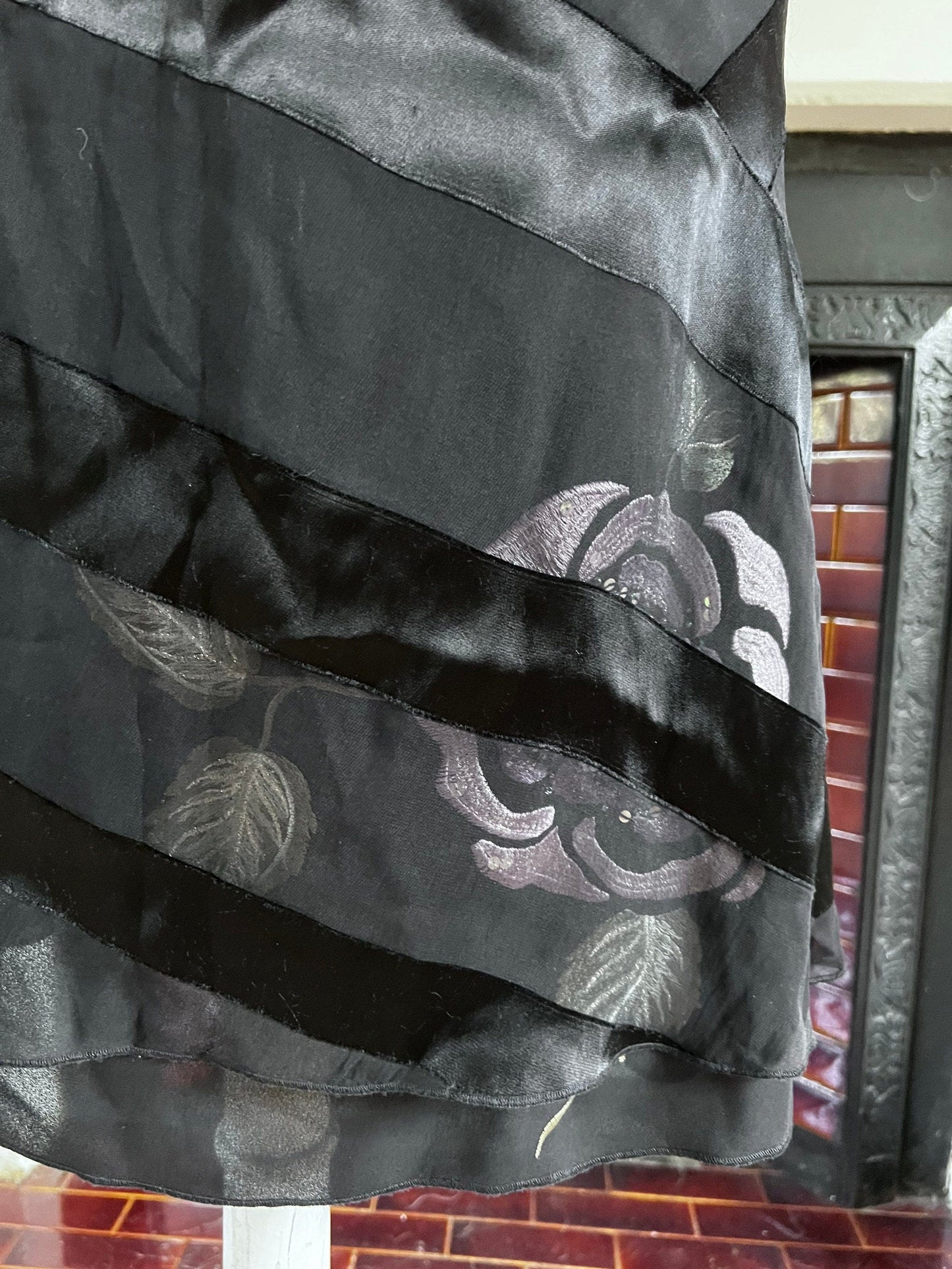 Vintage Black Silk Viscose Evening Skirt - Press & Bastyan Chiffon over layer skirt UK10 Black with floral appliqué under layer