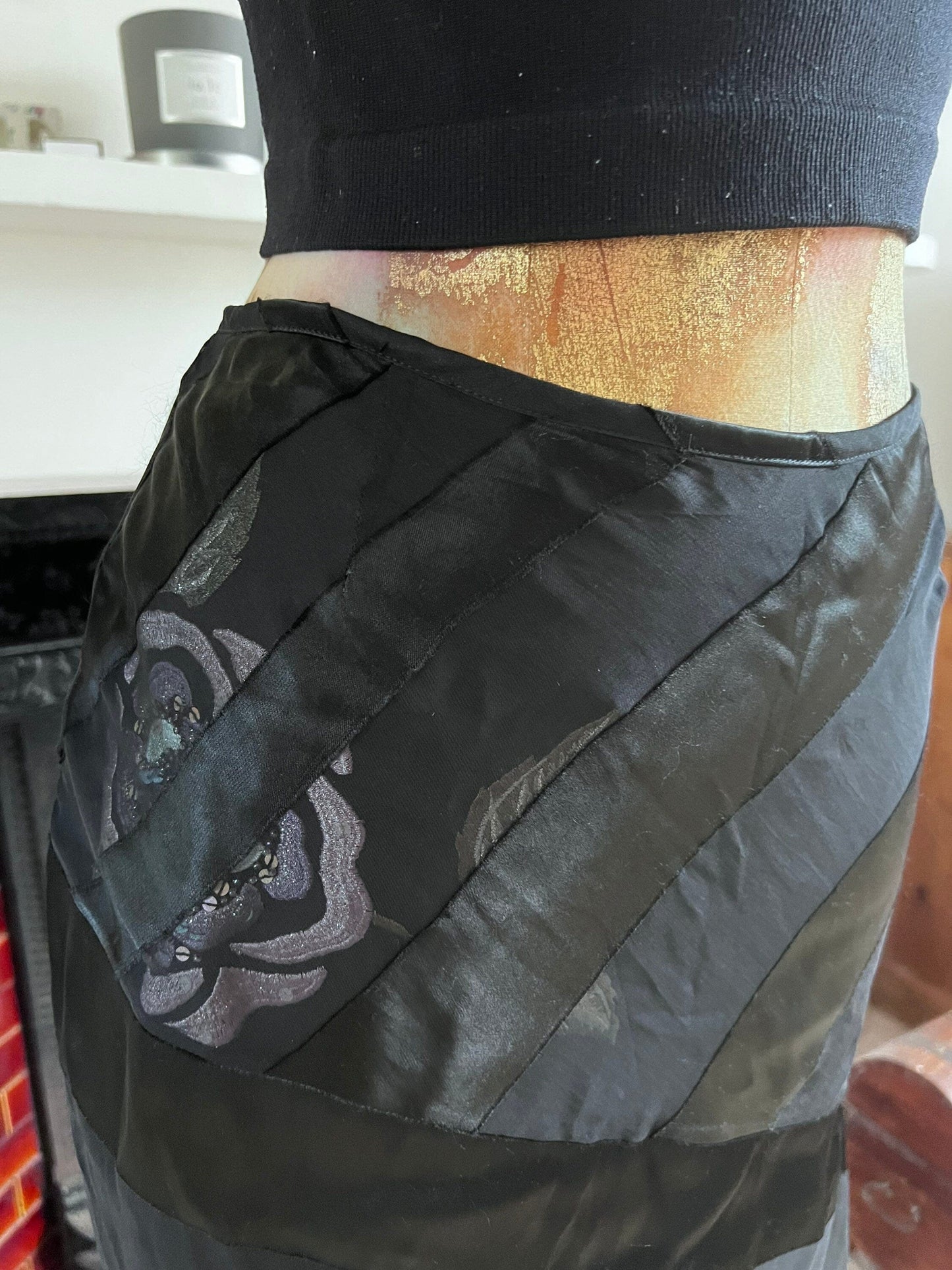 Vintage Black Silk Viscose Evening Skirt - Press & Bastyan Chiffon over layer skirt UK10 Black with floral appliqué under layer