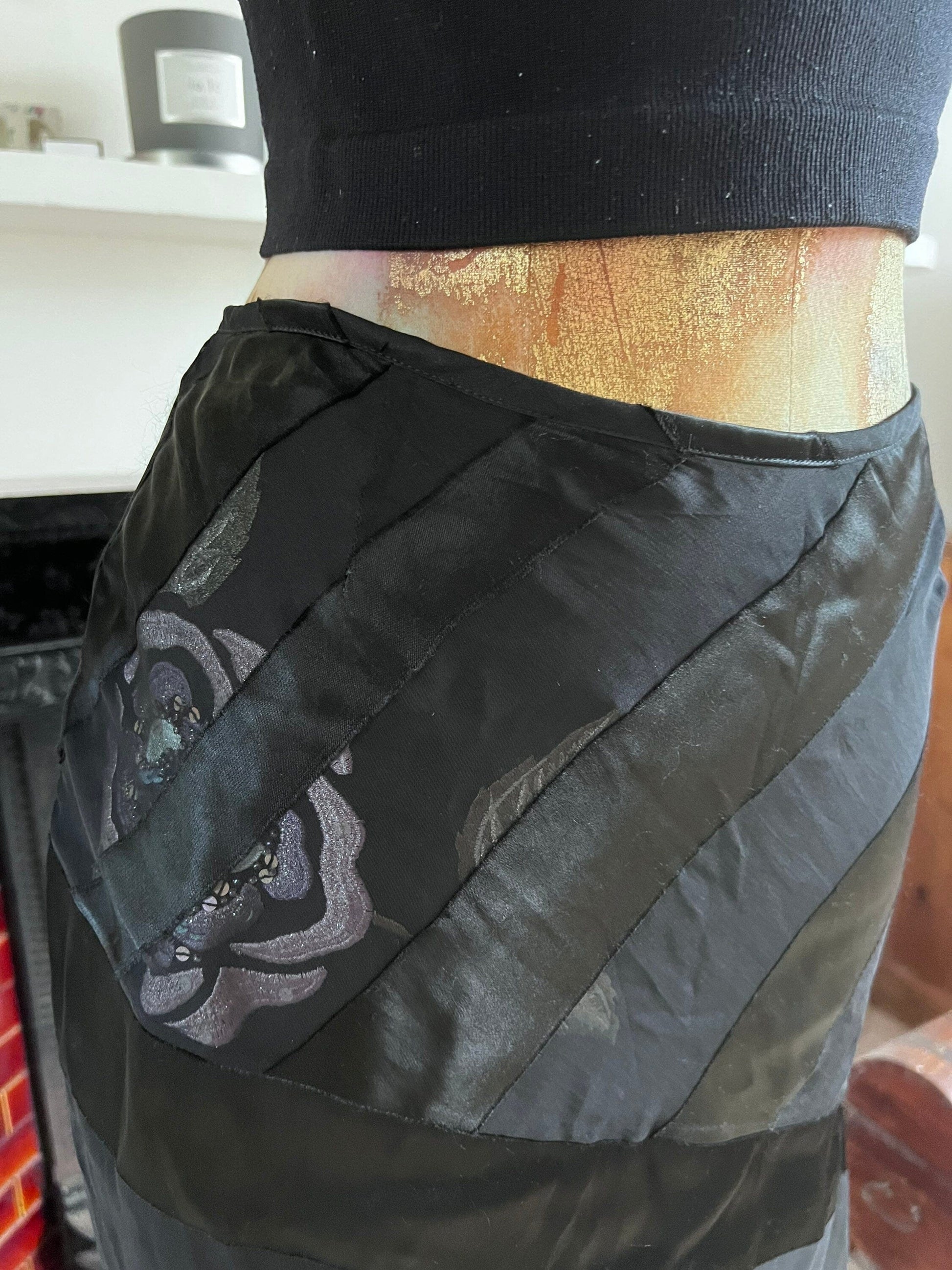 Vintage Black Silk Viscose Evening Skirt - Press & Bastyan Chiffon over layer skirt UK10 Black with floral appliqué under layer