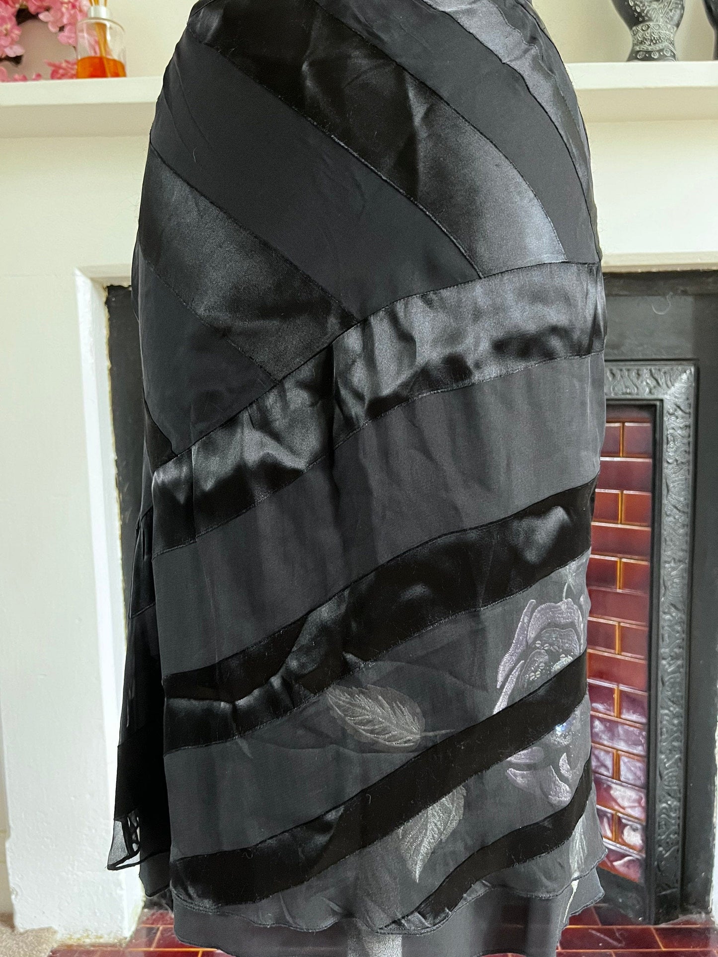Vintage Black Silk Viscose Evening Skirt - Press & Bastyan Chiffon over layer skirt UK10 Black with floral appliqué under layer