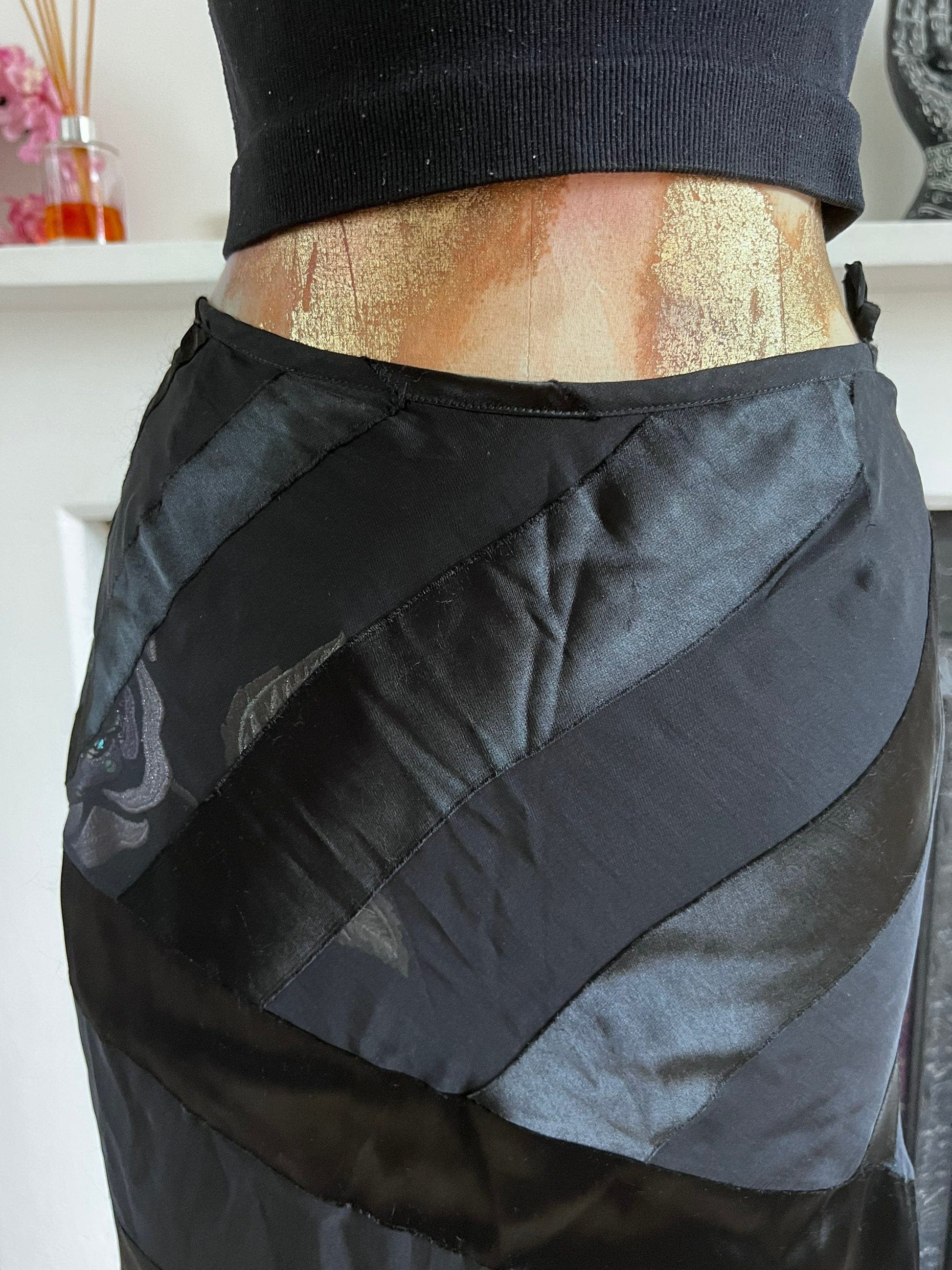 Vintage Black Silk Viscose Evening Skirt - Press & Bastyan Chiffon over layer skirt UK10 Black with floral appliqué under layer