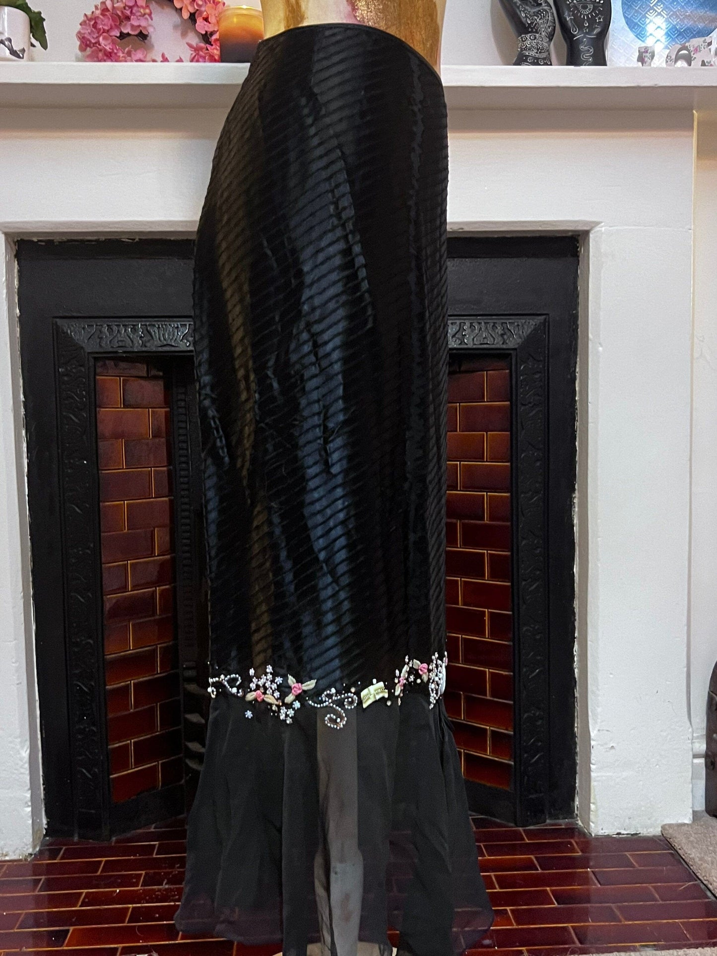 Vintage Black Skirt Silk Viscose Victorian Style Skirt - Press & Bastyan Chiffon over layer skirt UK12 Black with floral beaded detail layer