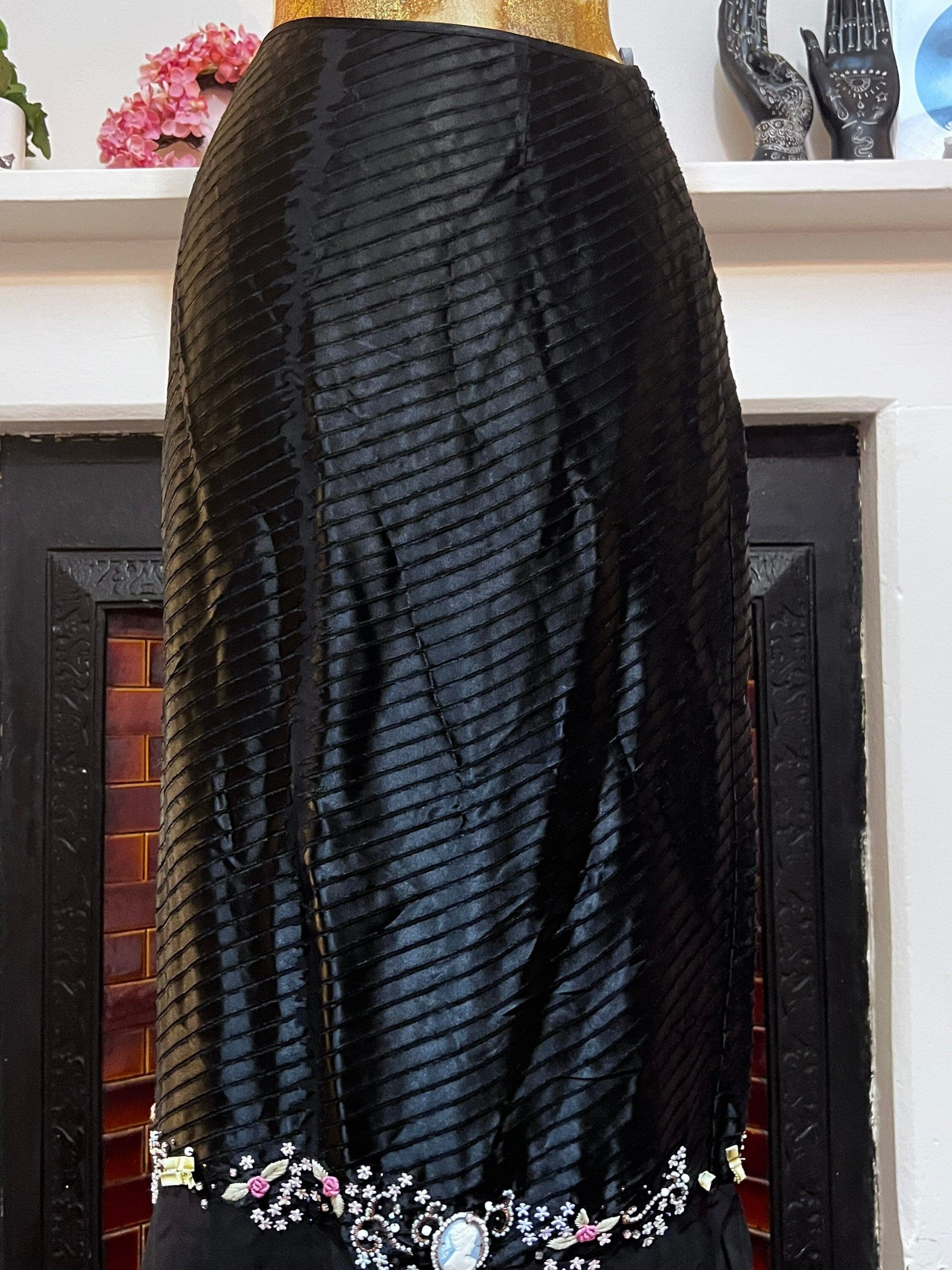 Vintage Black Skirt Silk Viscose Victorian Style Skirt - Press & Bastyan Chiffon over layer skirt UK12 Black with floral beaded detail layer