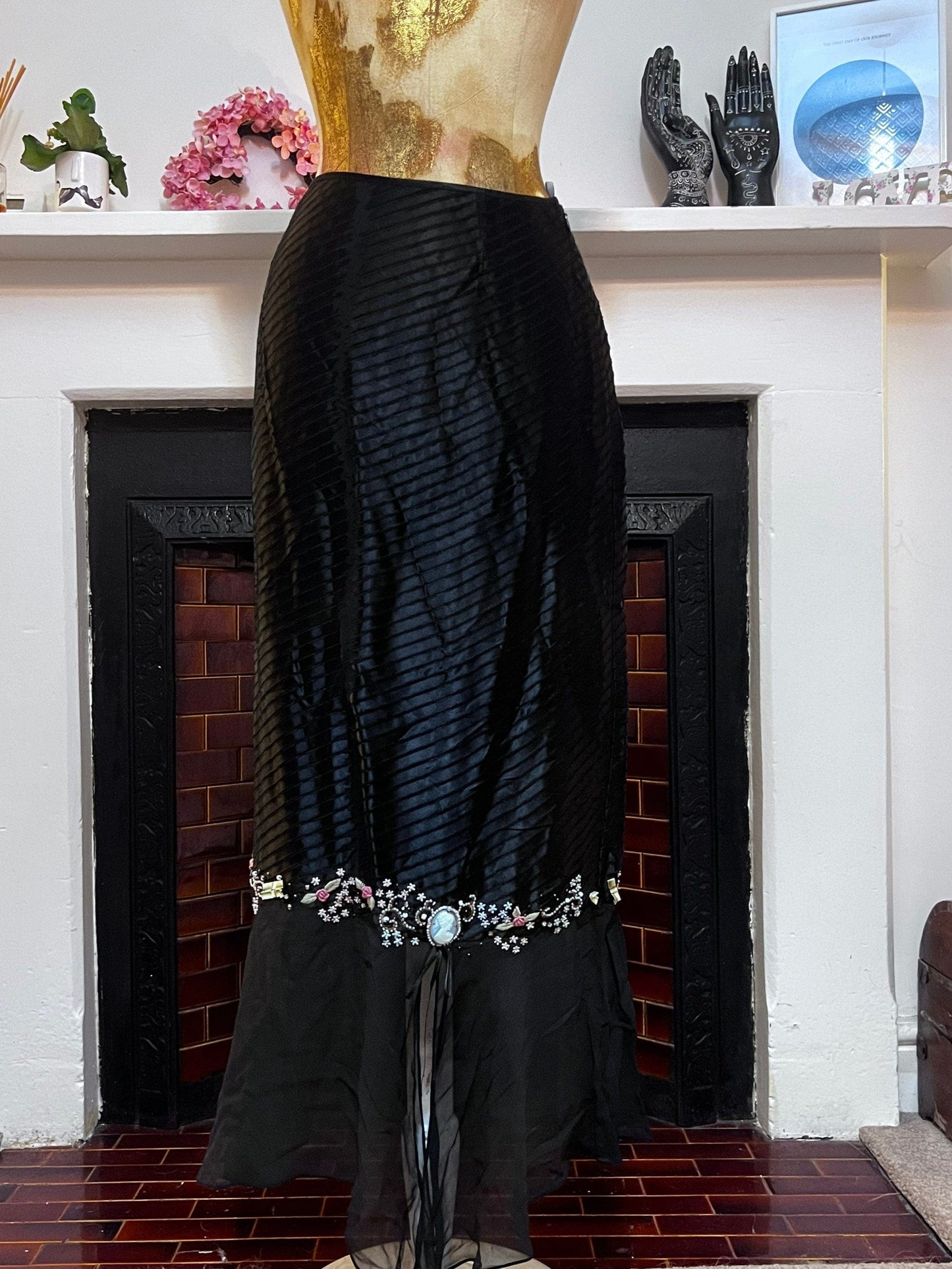 Vintage Black Skirt Silk Viscose Victorian Style Skirt - Press & Bastyan Chiffon over layer skirt UK12 Black with floral beaded detail layer