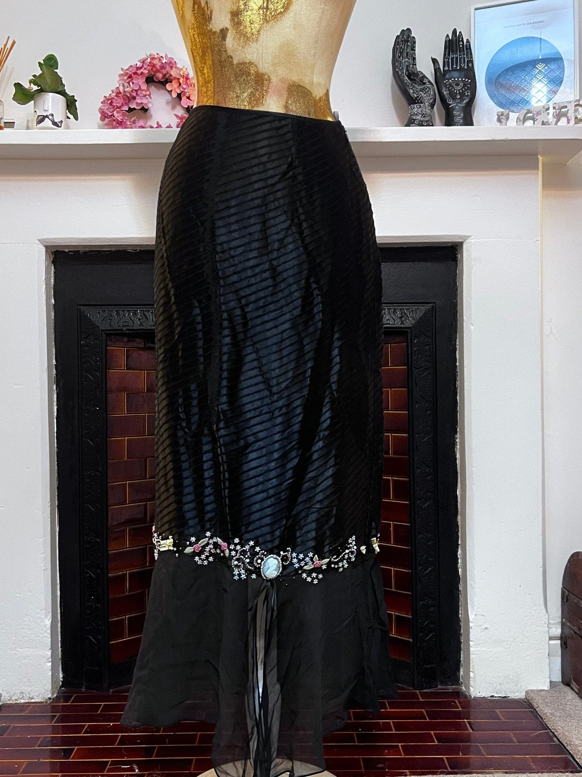Vintage Black Skirt Silk Viscose Victorian Style Skirt - Press & Bastyan Chiffon over layer skirt UK12 Black with floral beaded detail layer