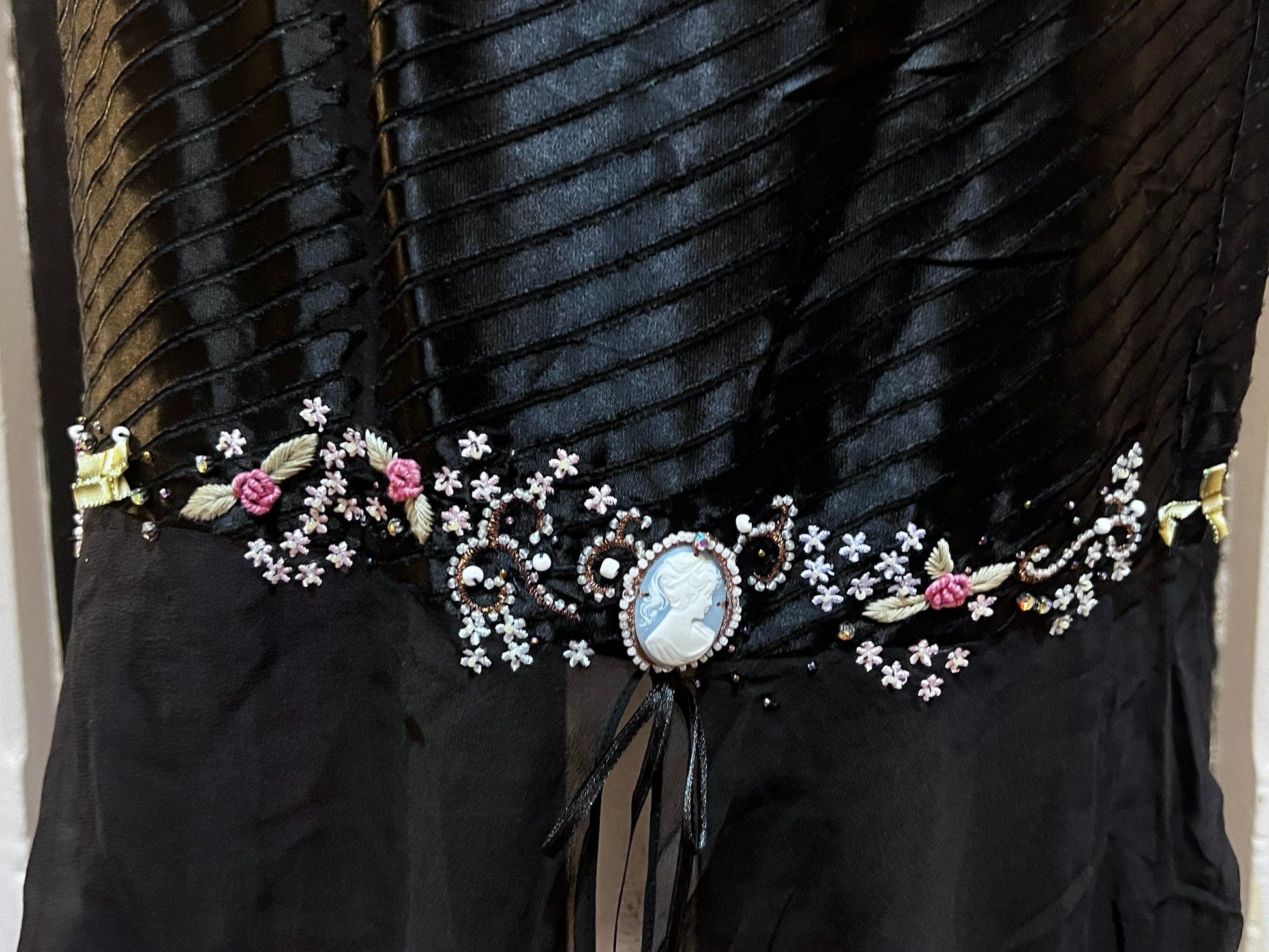 Vintage Black Skirt Silk Viscose Victorian Style Skirt - Press & Bastyan Chiffon over layer skirt UK12 Black with floral beaded detail layer