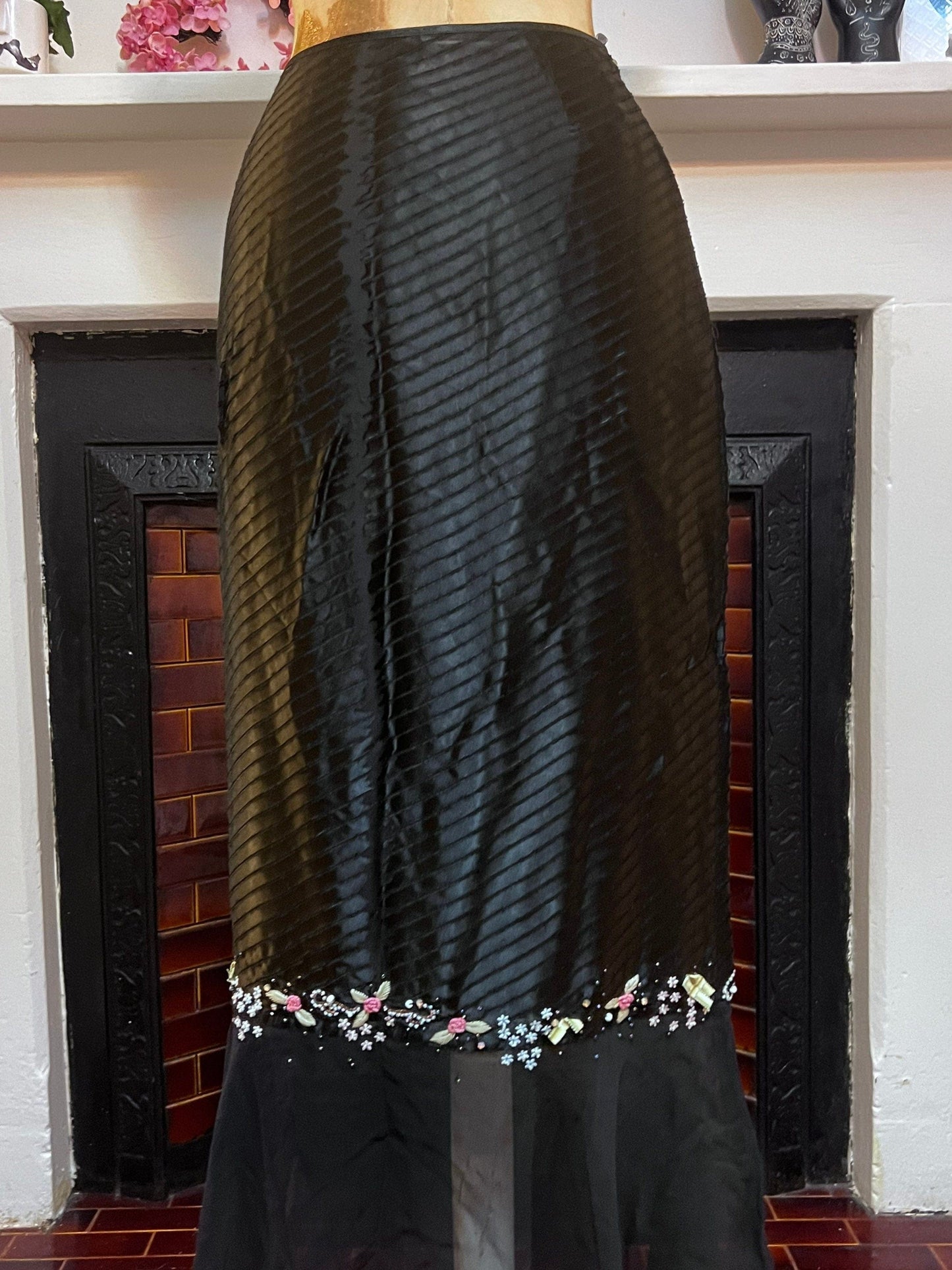 Vintage Black Skirt Silk Viscose Victorian Style Skirt - Press & Bastyan Chiffon over layer skirt UK12 Black with floral beaded detail layer