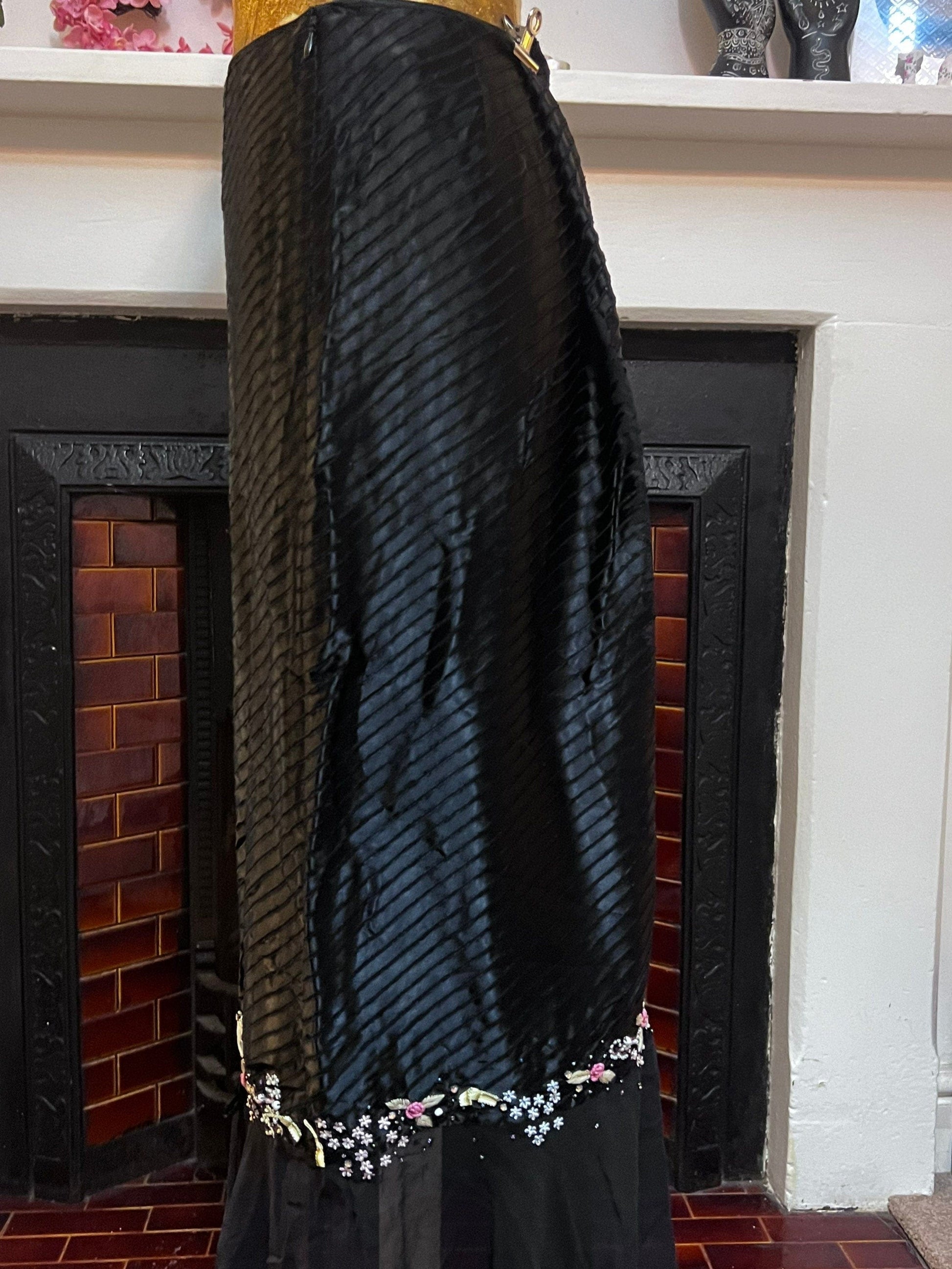 Vintage Black Skirt Silk Viscose Victorian Style Skirt - Press & Bastyan Chiffon over layer skirt UK12 Black with floral beaded detail layer