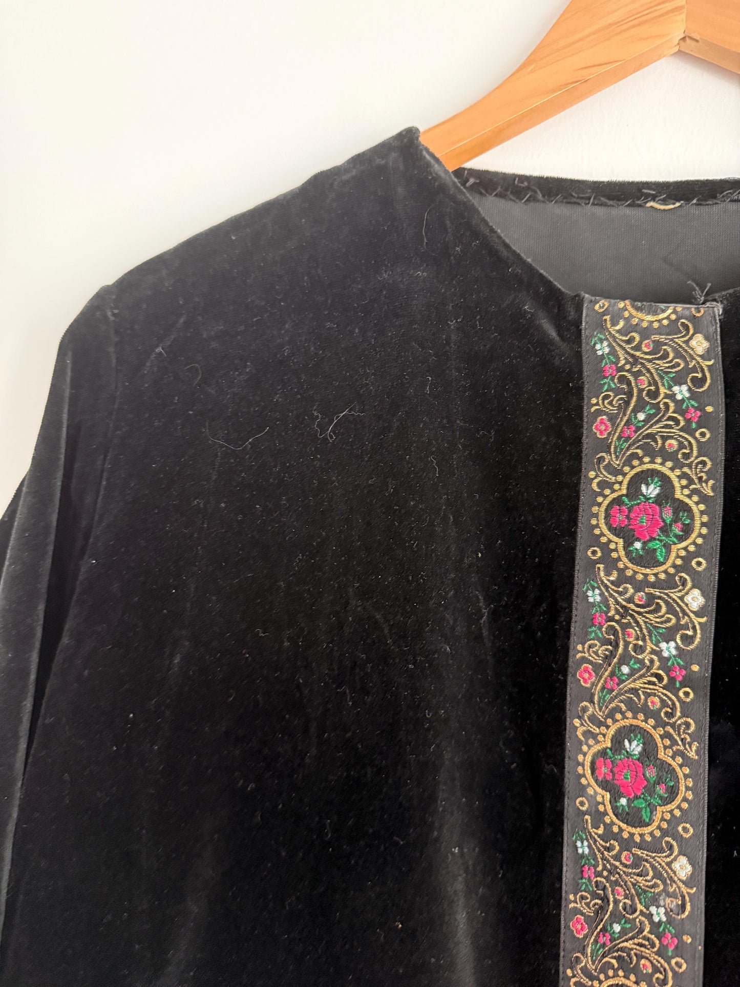 Vintage Black Velvet Opera Coat UK 12-14 | Spafford-Jones Models Velvet Evening Coat | 1970s Bohemian Folk Trim Maxi Jacket