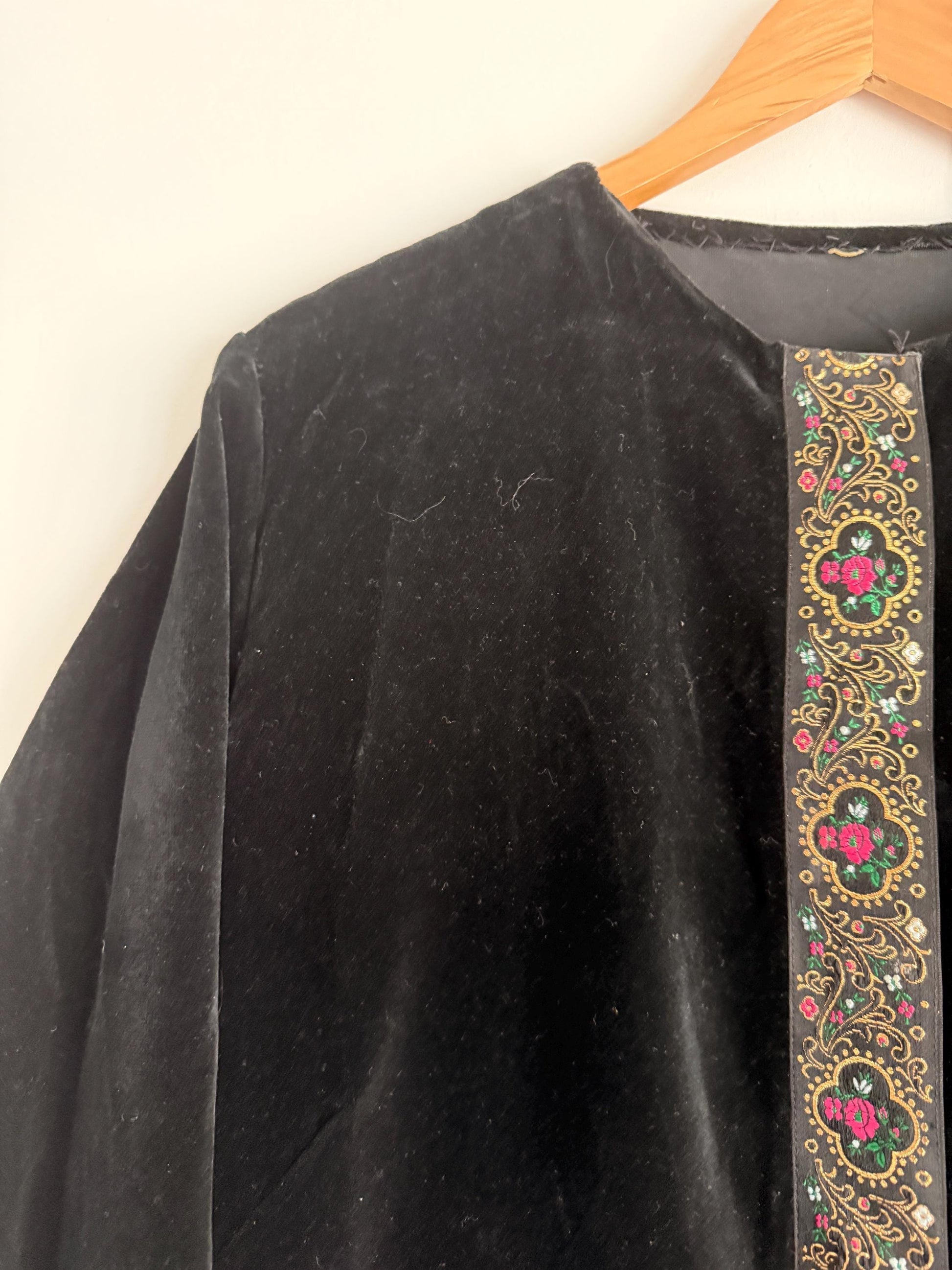 Vintage Black Velvet Opera Coat UK 12-14 | Spafford-Jones Models Velvet Evening Coat | 1970s Bohemian Folk Trim Maxi Jacket