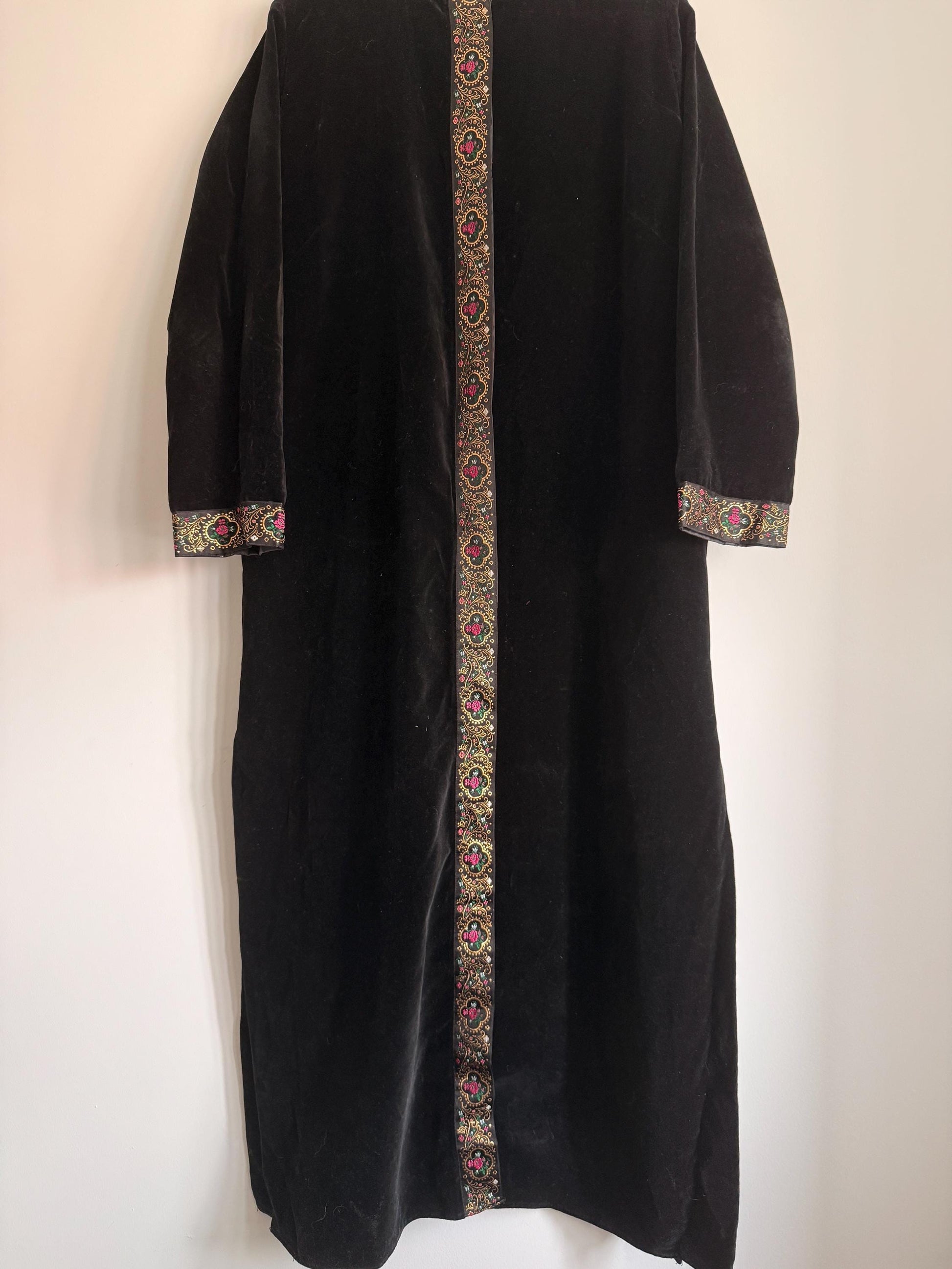 Vintage Black Velvet Opera Coat UK 12-14 | Spafford-Jones Models Velvet Evening Coat | 1970s Bohemian Folk Trim Maxi Jacket