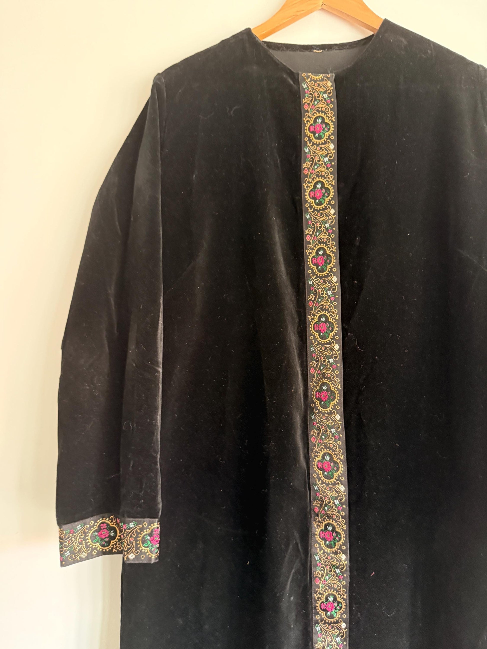 Vintage Black Velvet Opera Coat UK 12-14 | Spafford-Jones Models Velvet Evening Coat | 1970s Bohemian Folk Trim Maxi Jacket