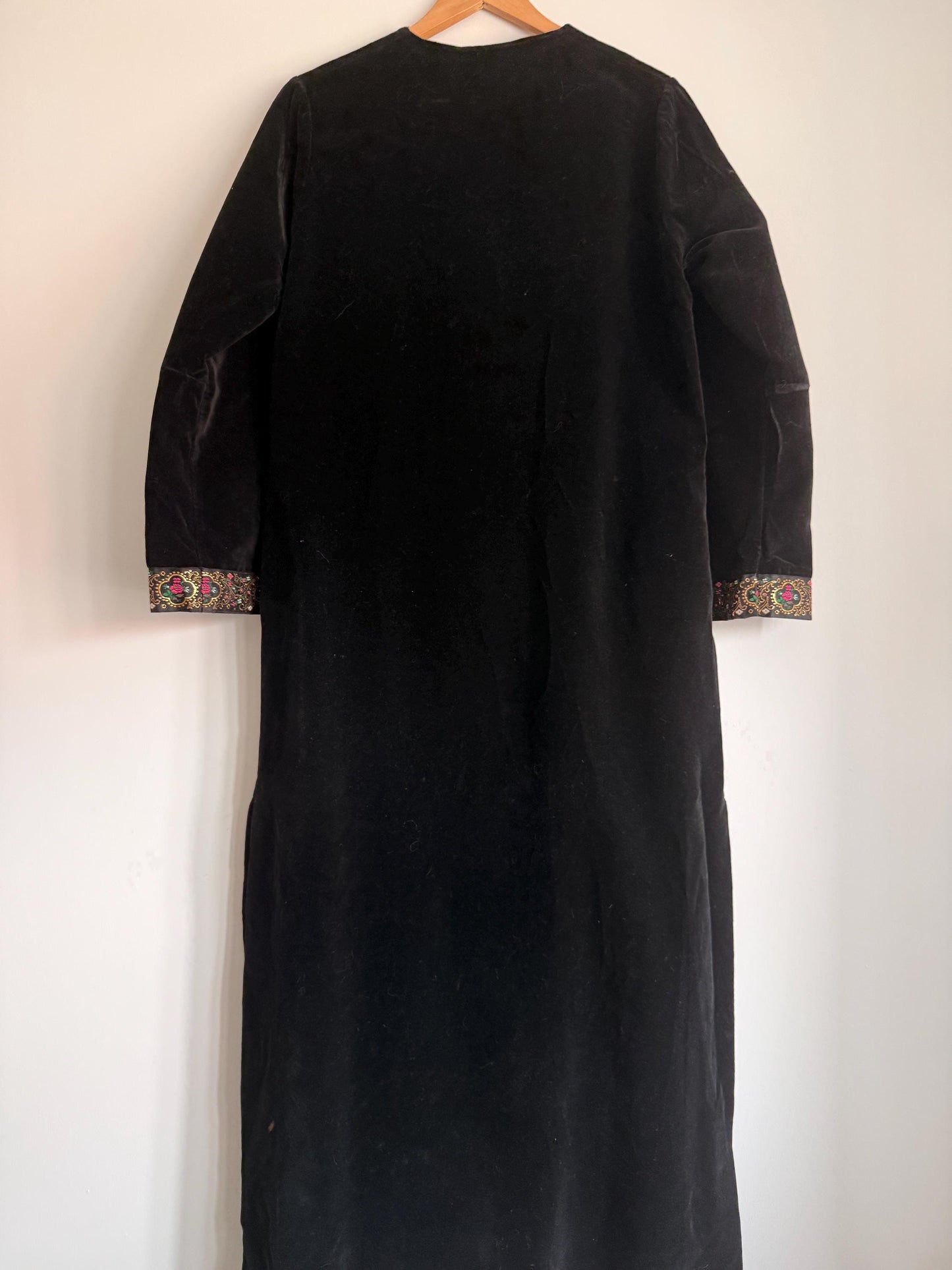Vintage Black Velvet Opera Coat UK 12-14 | Spafford-Jones Models Velvet Evening Coat | 1970s Bohemian Folk Trim Maxi Jacket